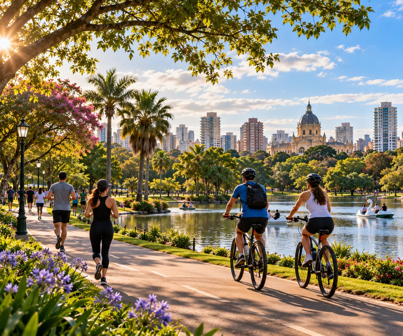 Travelers ride bicycles along the Guaíba waterfront during a sunny morning with pleasant weather in Porto Alegre