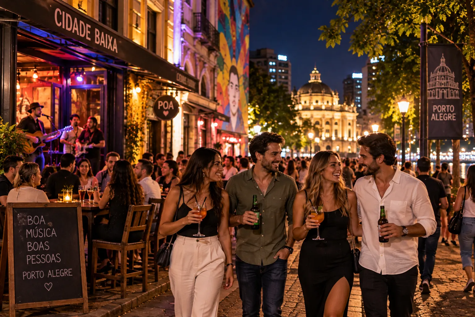 Friends enjoying a night out in Porto Alegre surrounded by lively bars, music, lights, and a vibrant urban atmosphere