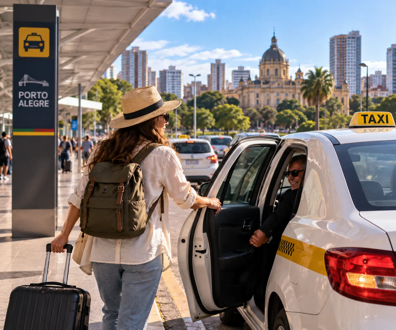 A taxi waiting outside Porto Alegre Airport while passengers prepare to continue their journey