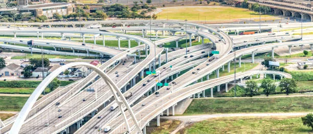 The freeway interchange of Interstates 30 and 35E in downtown Dallas, Texas.