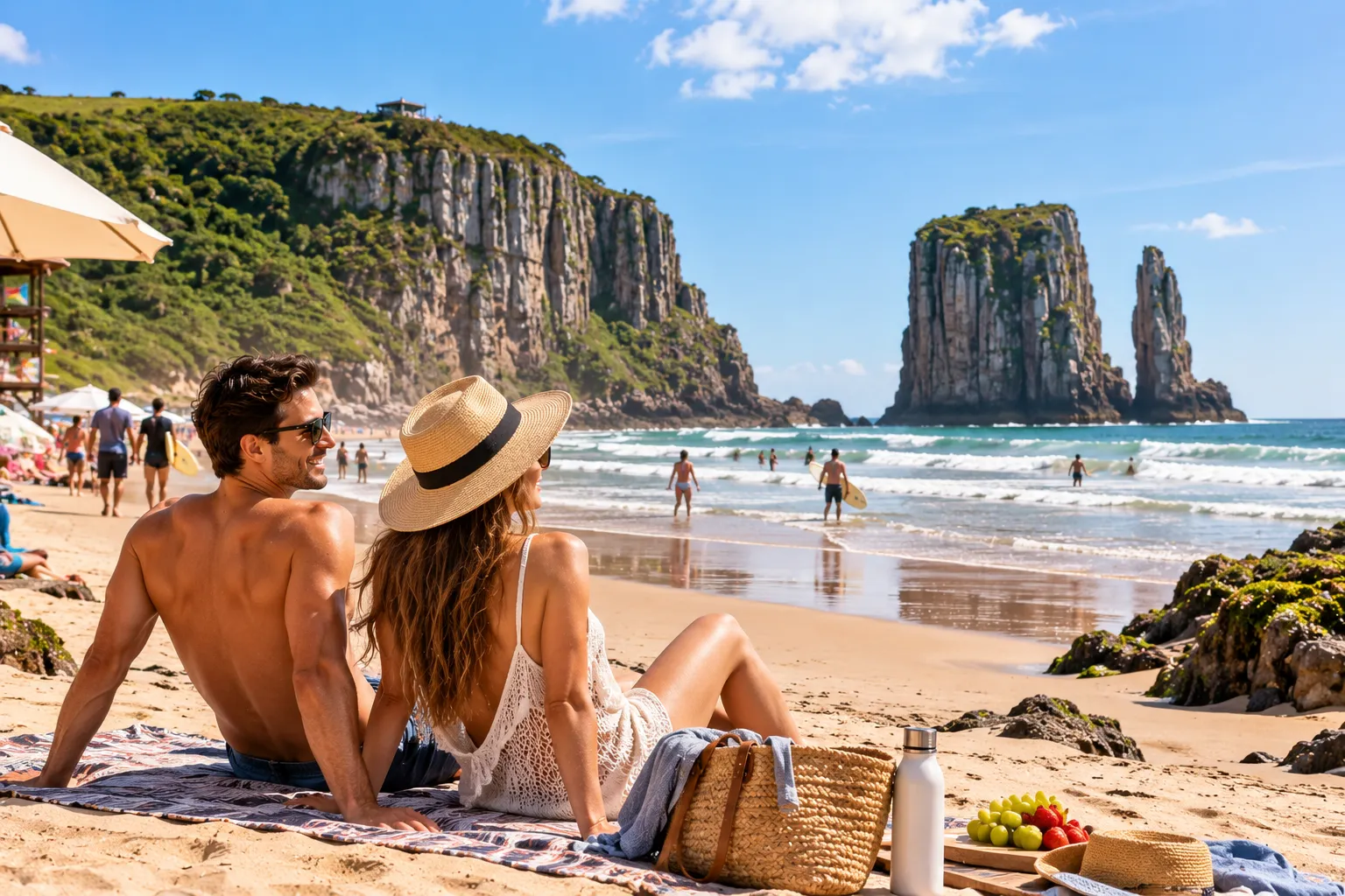Torres coastline with golden sand, ocean waves, and dramatic rock formations along the beach