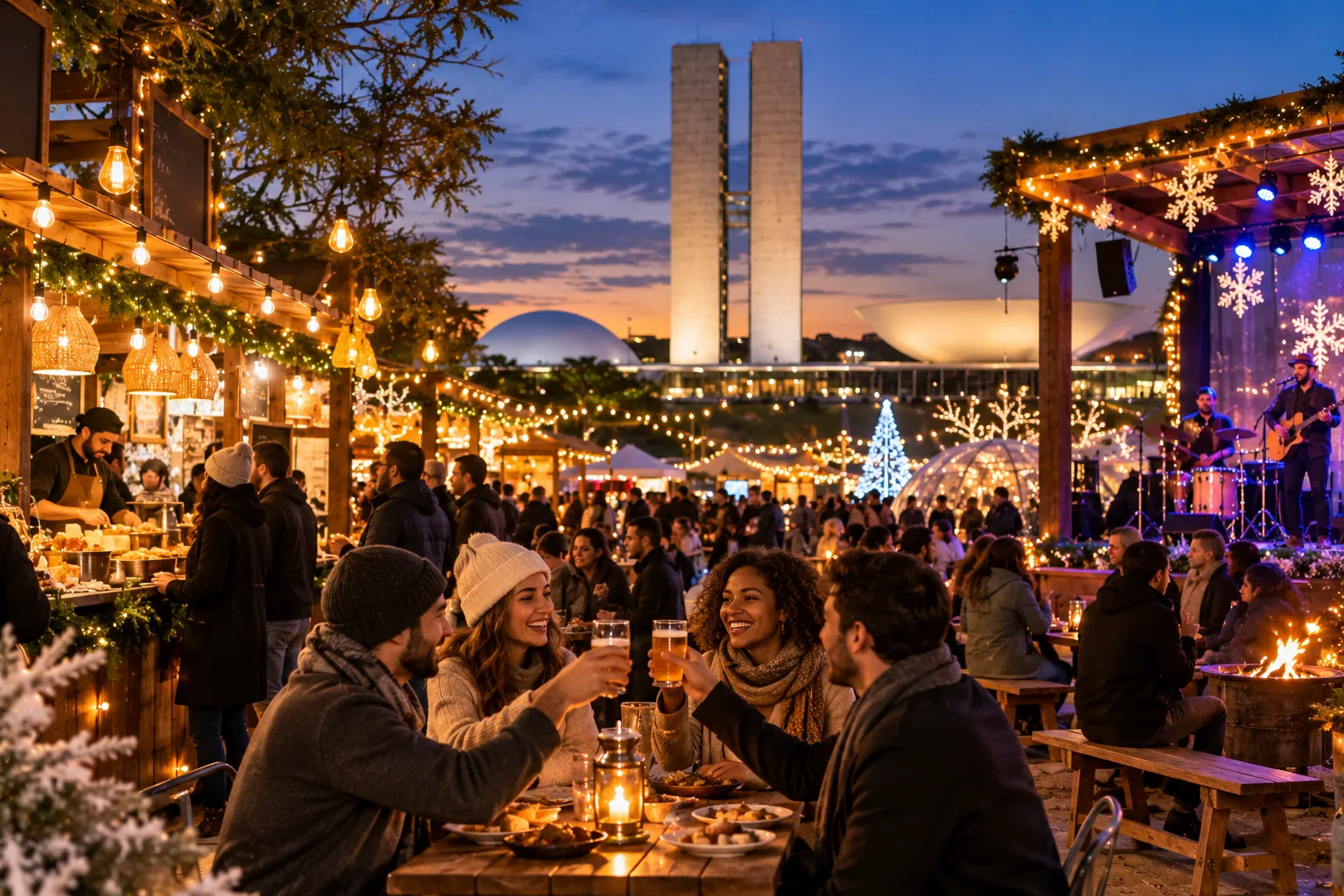 Brasília in spring, with flowering trees, wide blue skies, and visitors enjoying the capital's cultural attractions