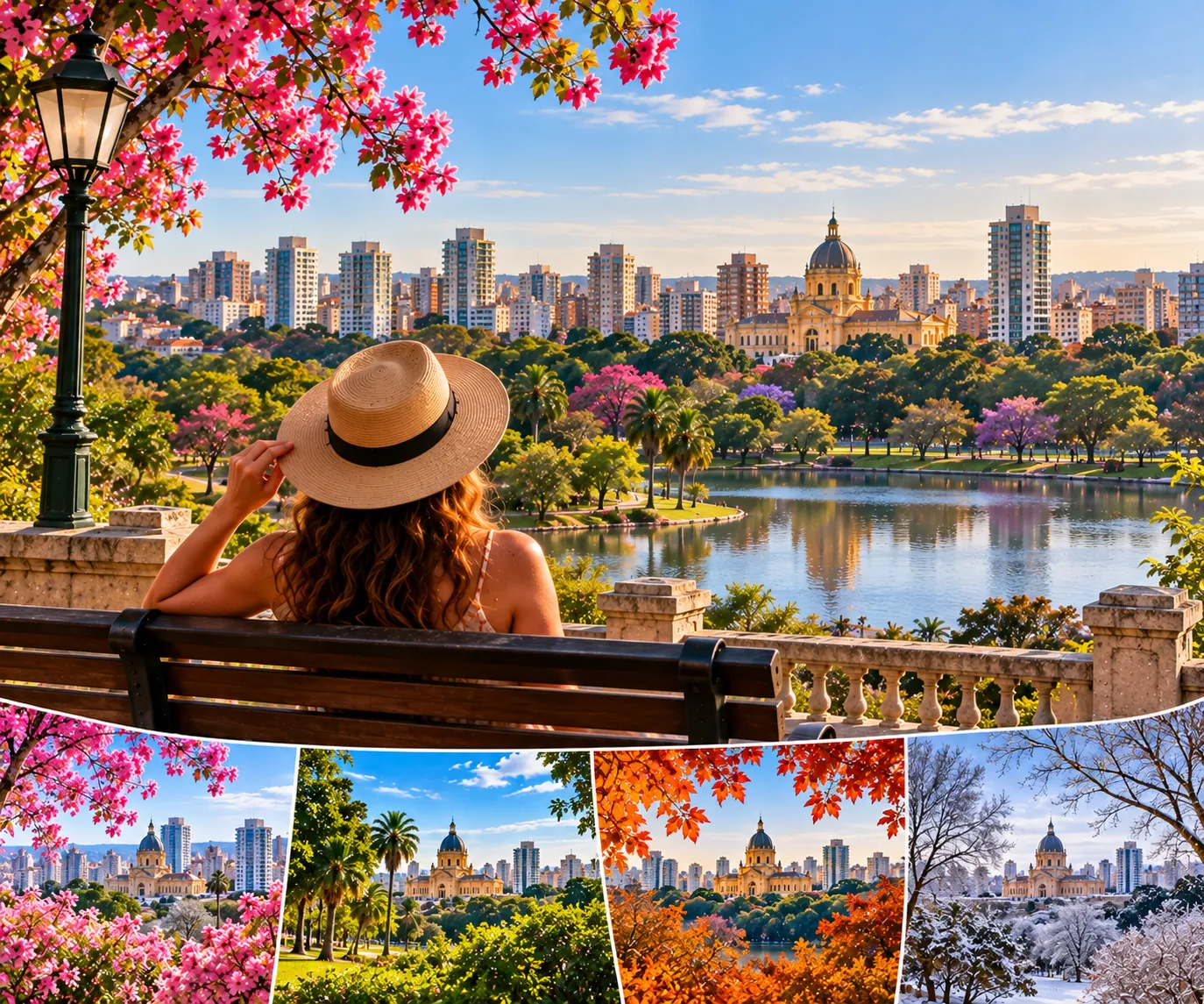 A traveling couple checks a map of Porto Alegre during a pleasant afternoon with mild weather and clear skies