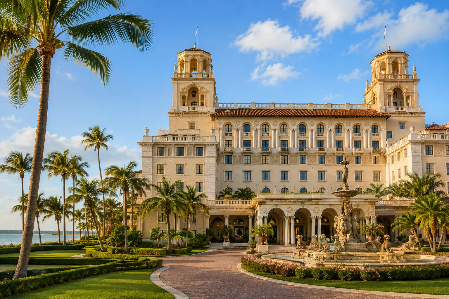The Breakers Palm Beach stands beside the ocean with historic architecture, tropical gardens, and a classic Florida atmosphere