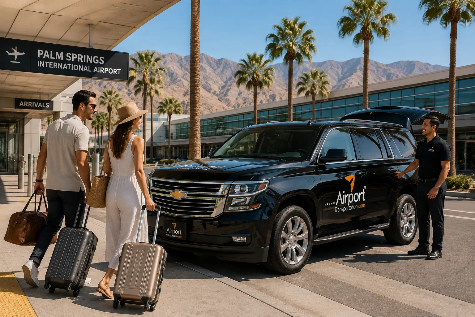 A traveler arrives at the airport with luggage while a private vehicle waits nearby to begin the vacation