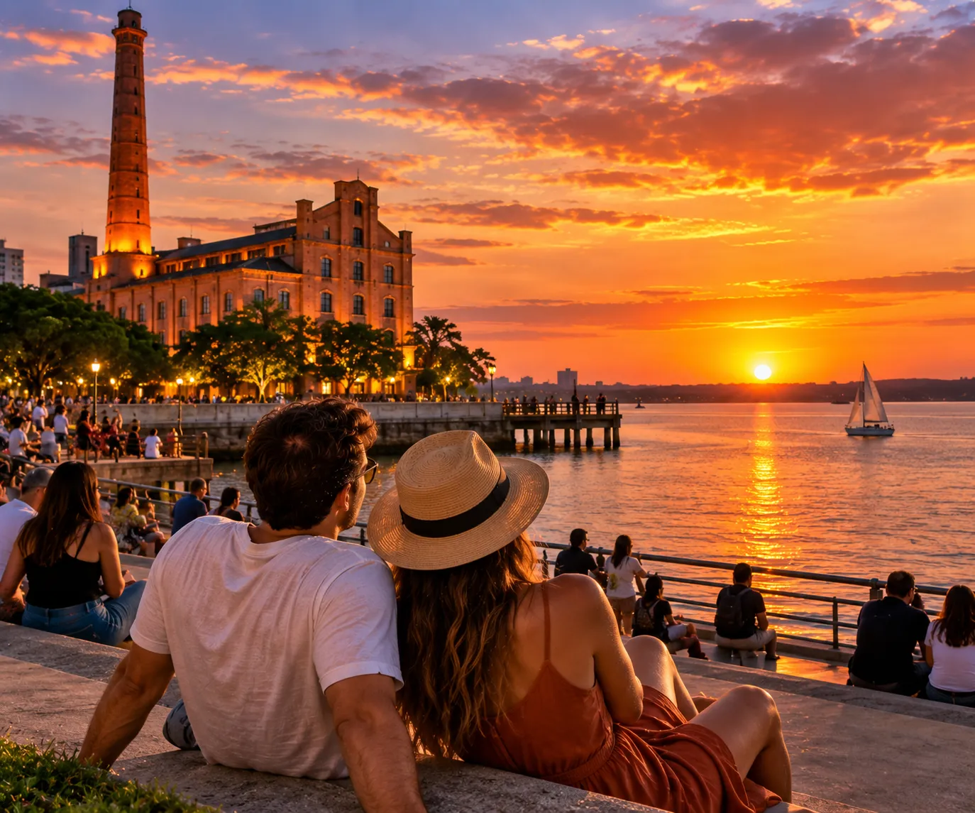 Visitors gather near Usina do Gasômetro as the sun sets over the Guaíba in Porto Alegre
