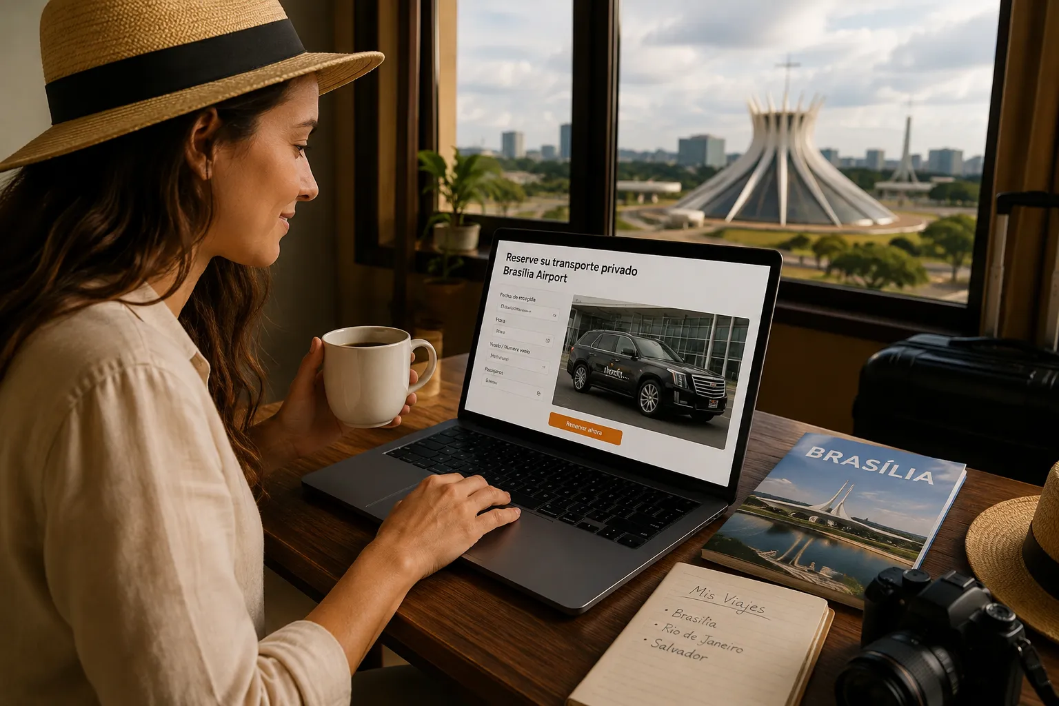 A traveler uses a smartphone to reserve private airport transportation before arriving in Brasília