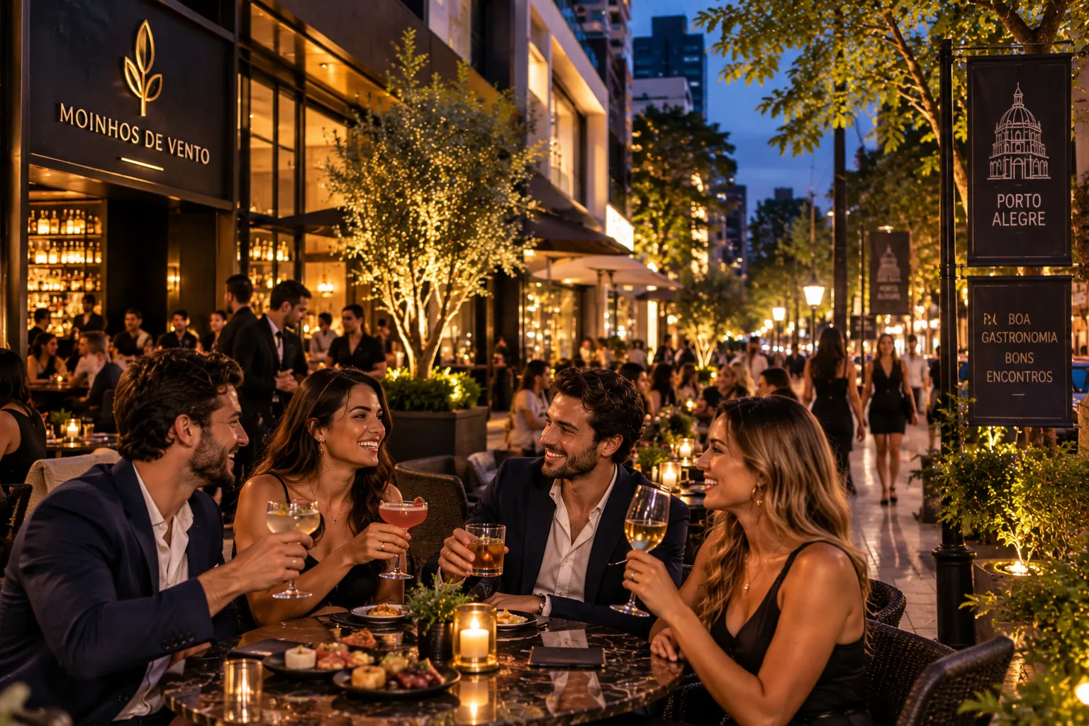 An elegant terrace in Moinhos de Vento with warm lights, tables, and visitors enjoying cocktails