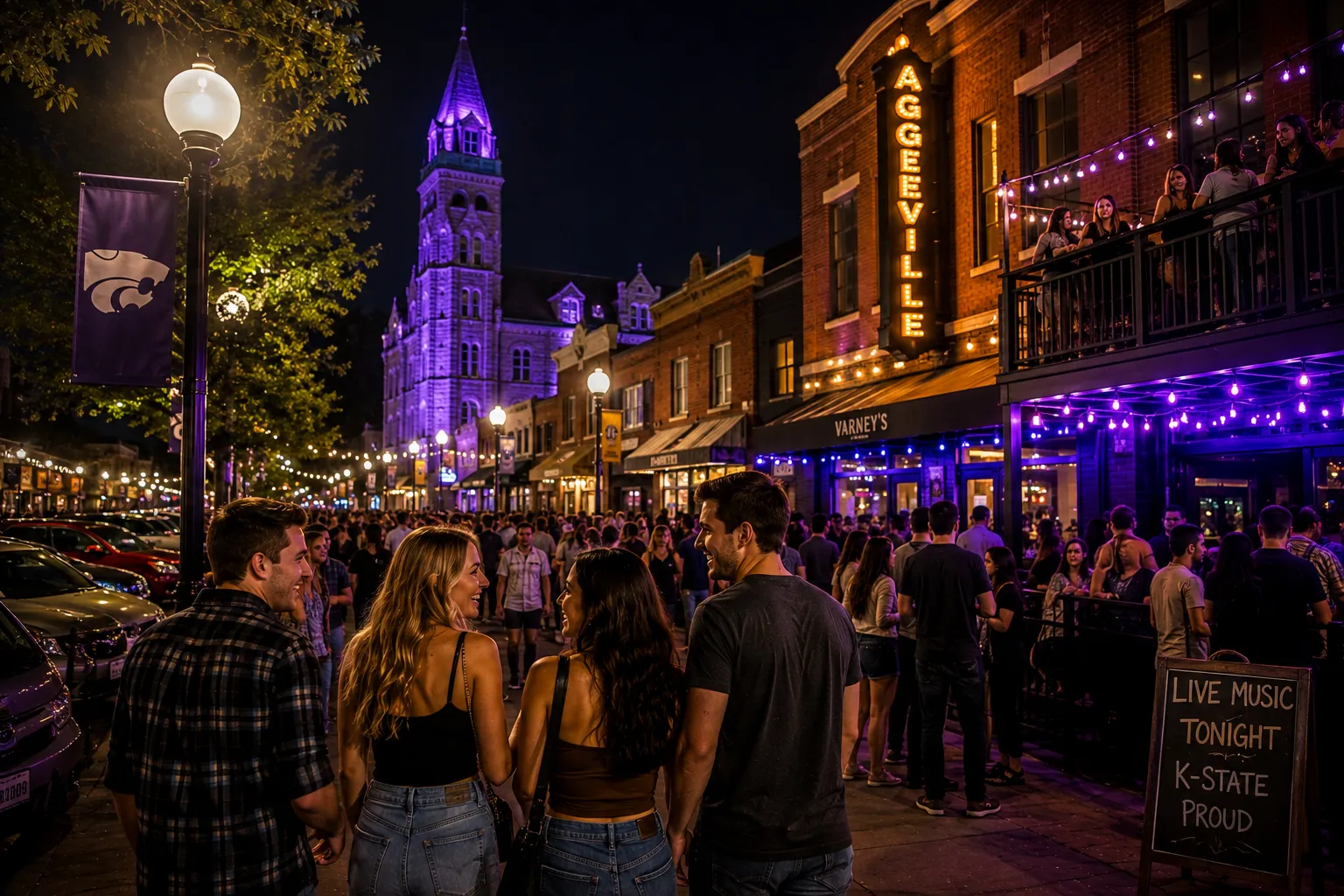 Dive into Aggieville's legendary college nightlife in Manhattan, Kansas, featuring bustling student bars and lively pubs