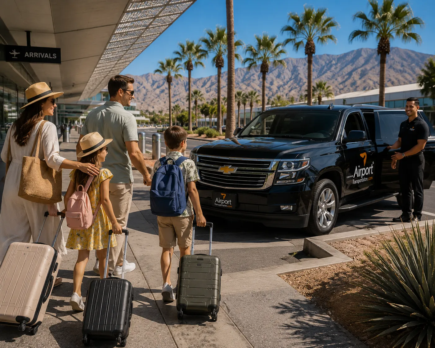 A family with luggage comfortably boards a private van after arriving at the Palm Beach airport