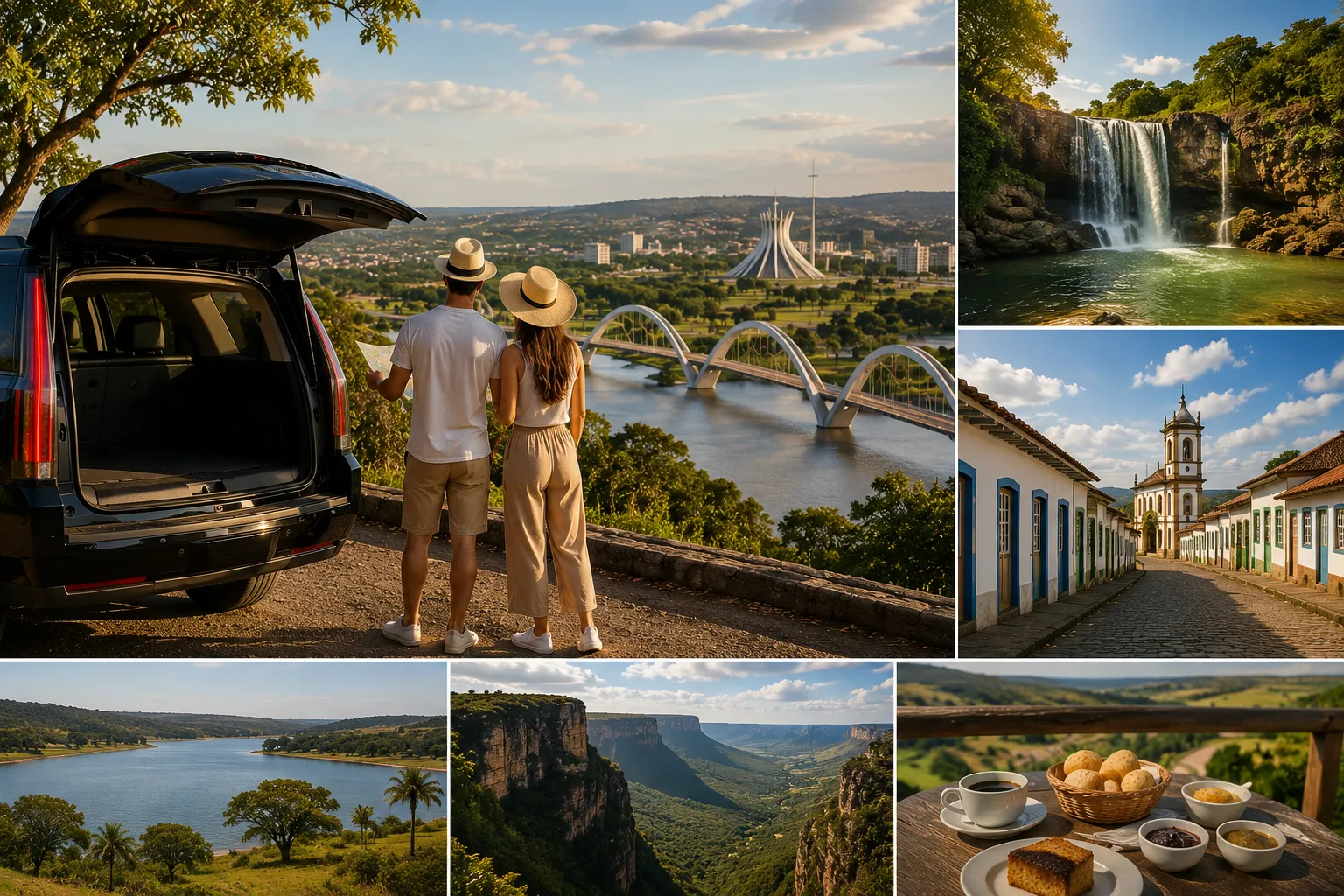 Travelers explore the countryside surrounding Brasília, discovering historic towns, waterfalls, and beautiful Cerrado landscapes
