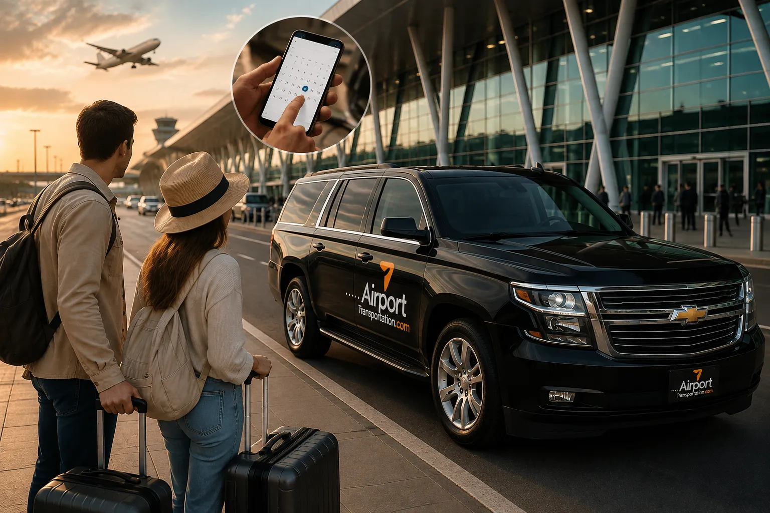 A traveler uses a smartphone to reserve airport transportation before flying to Brasília, Brazil