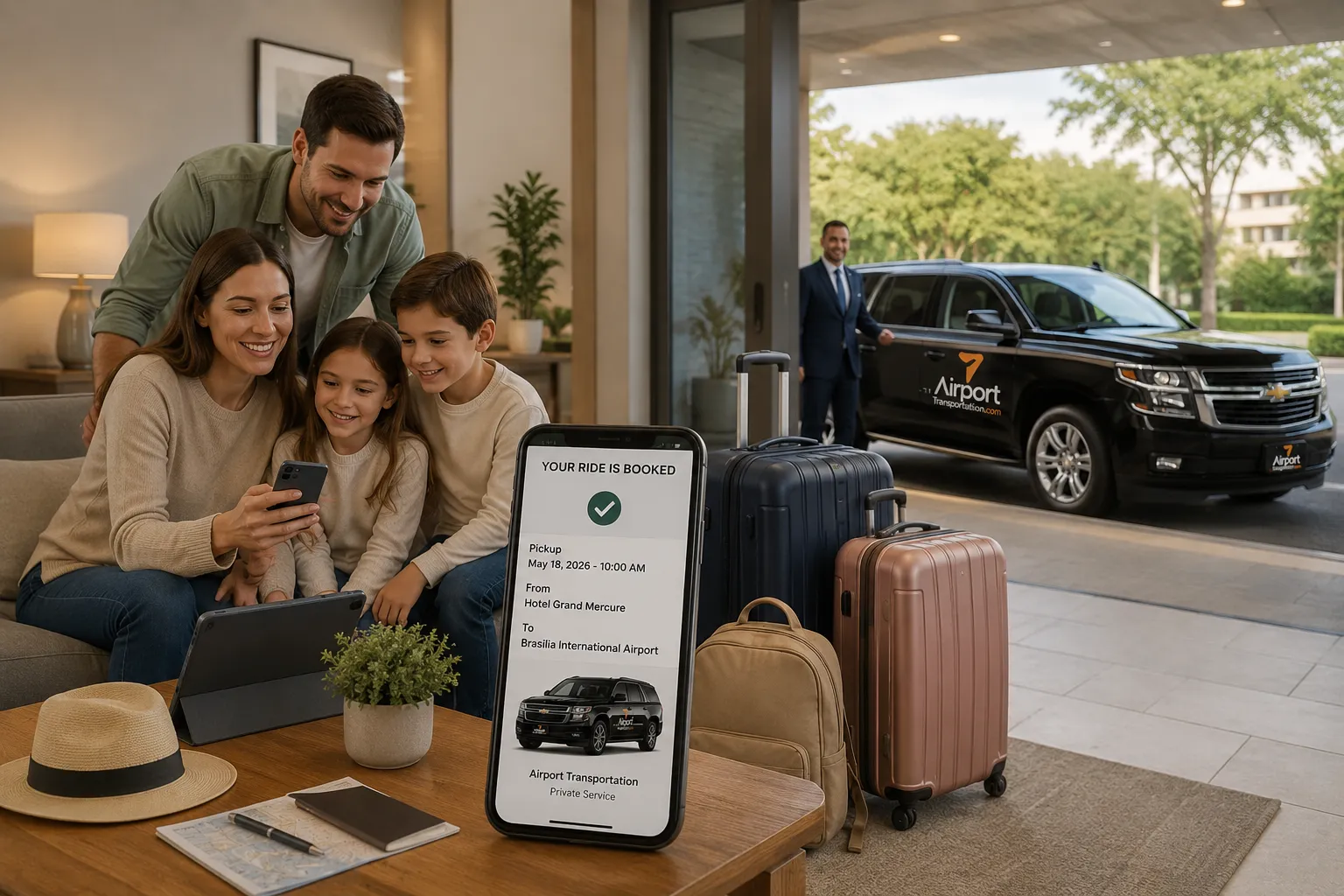 A private vehicle waits outside a Brasília hotel to take travelers comfortably to the airport for an early flight