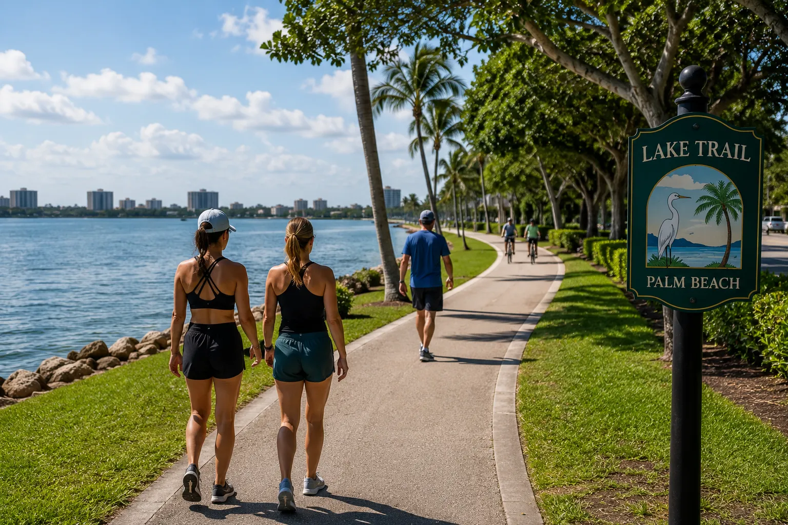 The Lake Trail follows the waterfront with palm trees, luxury homes, boats, and peaceful views across Palm Beach