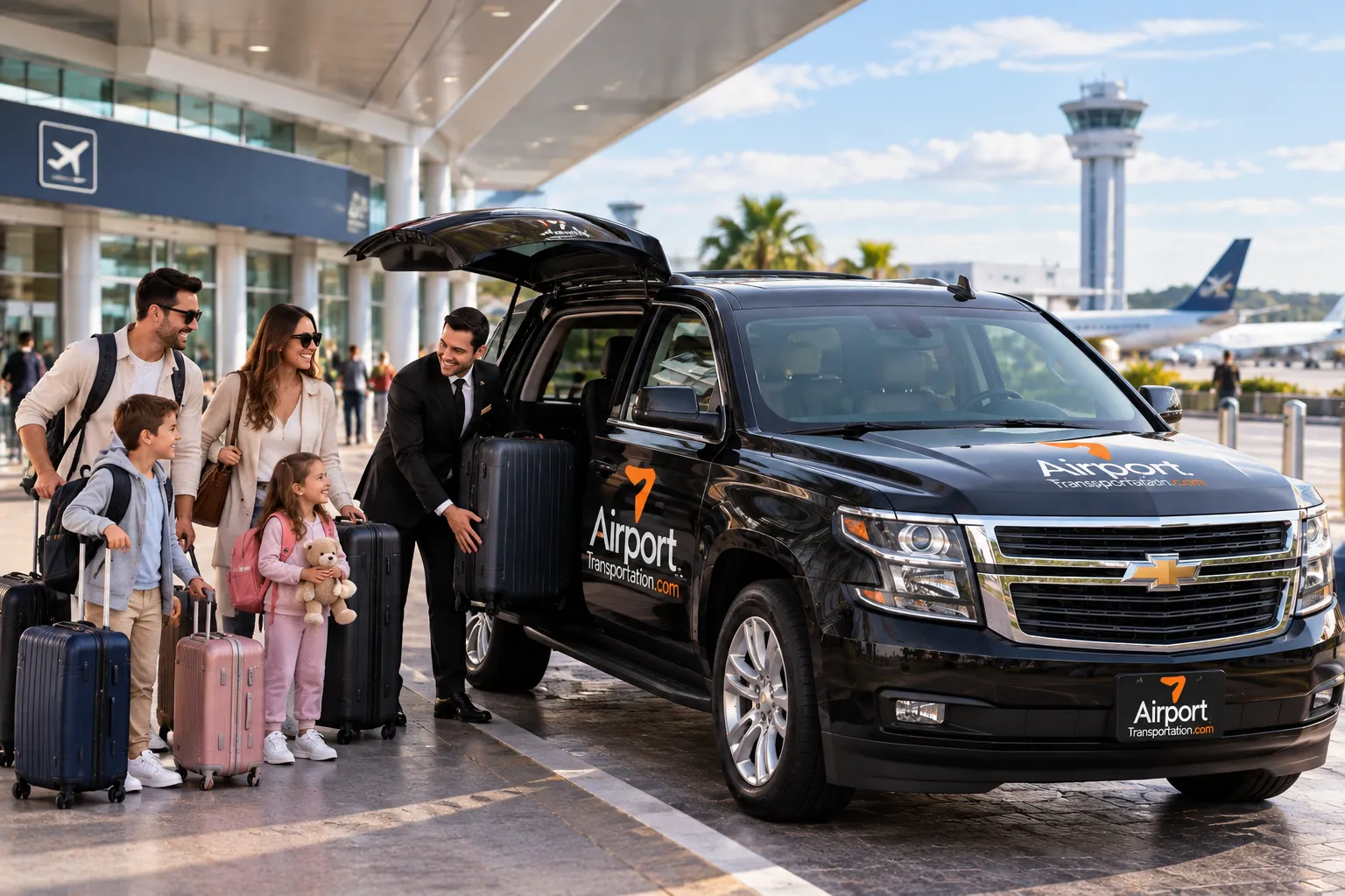 Family with children and luggage boarding a comfortable executive van after arriving at Porto Alegre Airport