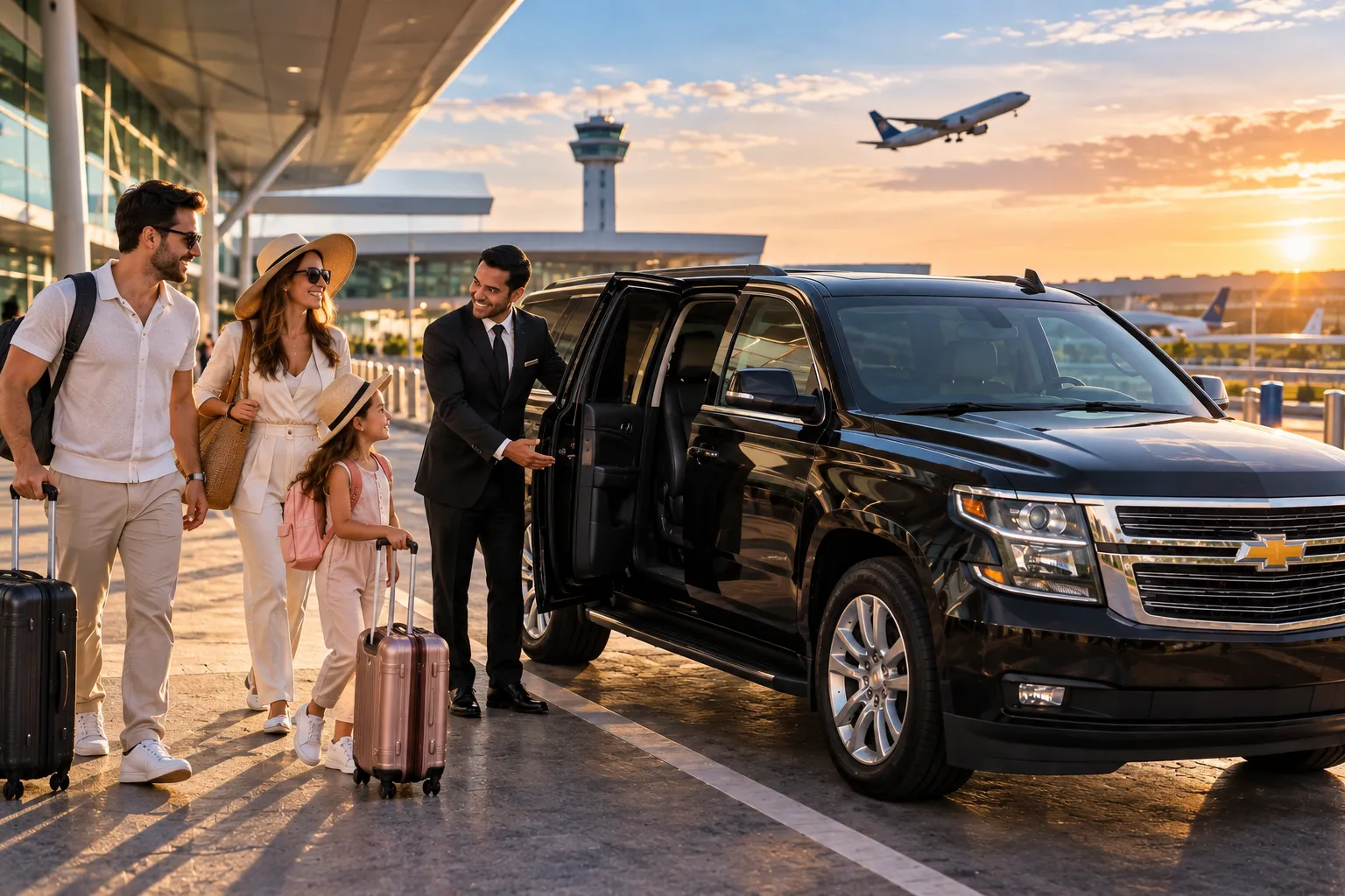 Tourists arriving at Porto Alegre Airport while a private vehicle waits to begin their journey