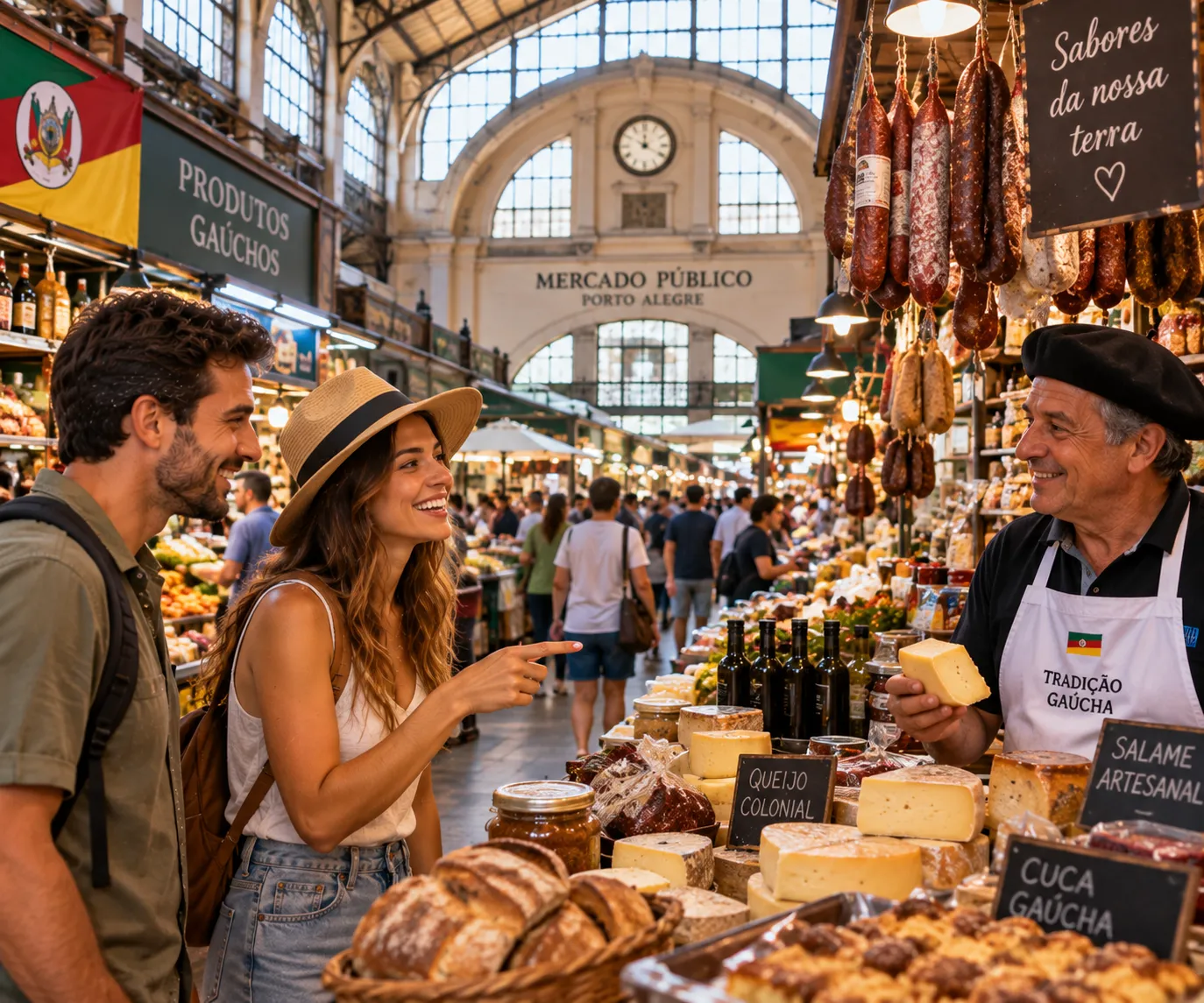 Travelers explore Porto Alegre’s historic public market among local foods, regional products, and colorful market stalls