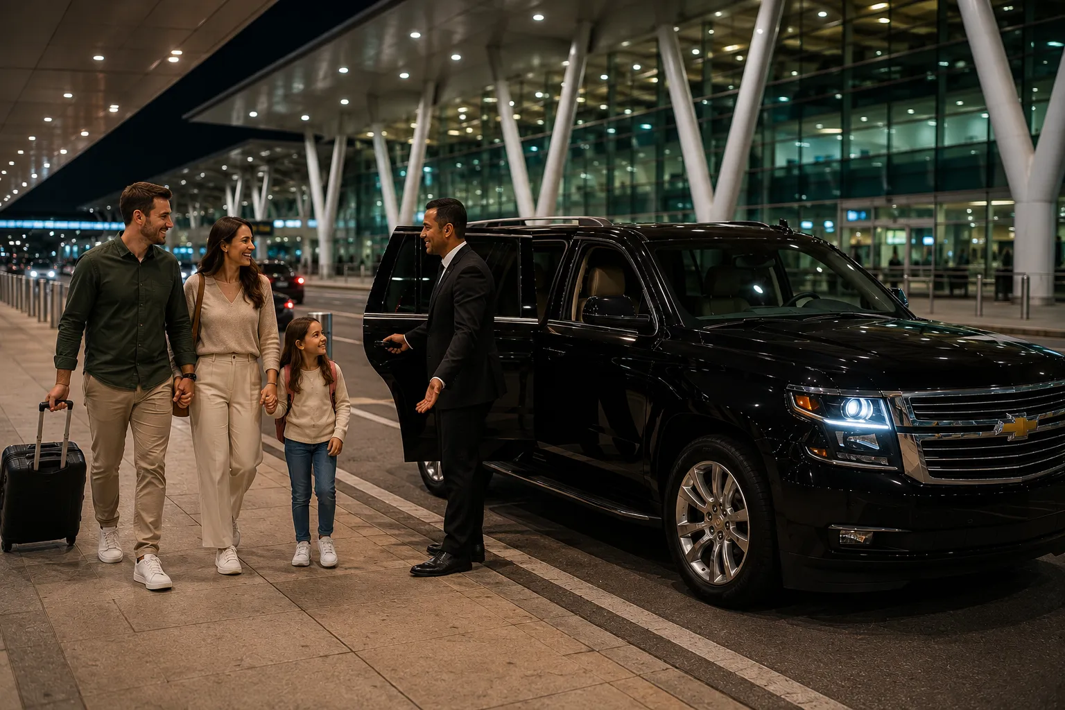 A traveler arrives at Brasília Airport with luggage while a private driver waits nearby for a comfortable transfer