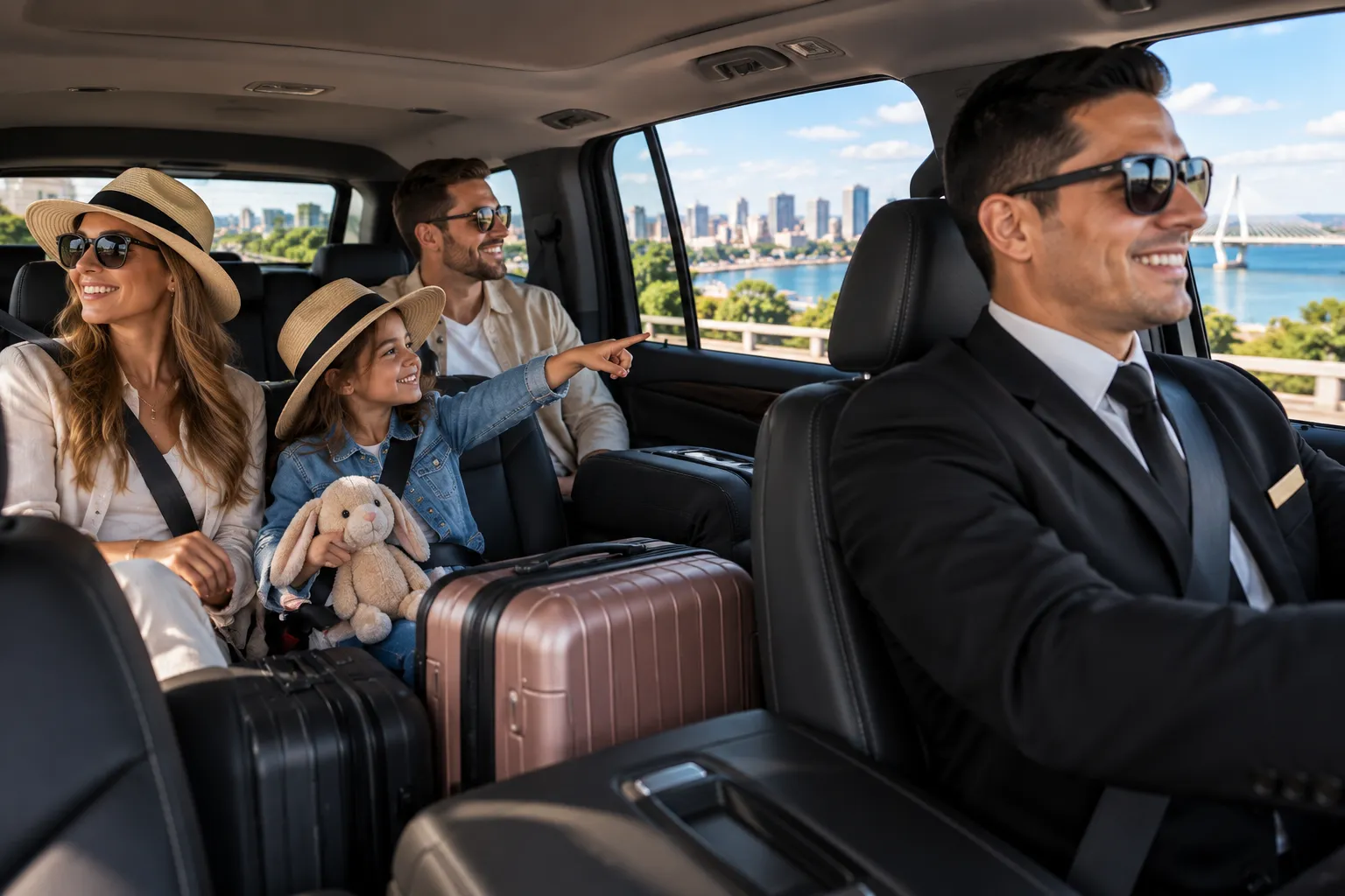 Tourists with luggage leave Porto Alegre Airport and board a comfortable private vehicle heading toward the city center