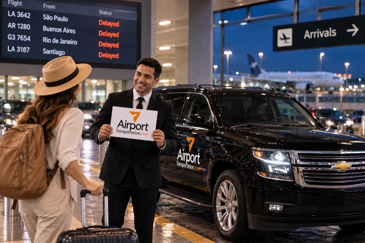 Tourists with luggage leave Salgado Filho Airport and board a private vehicle heading toward their Porto Alegre hotel