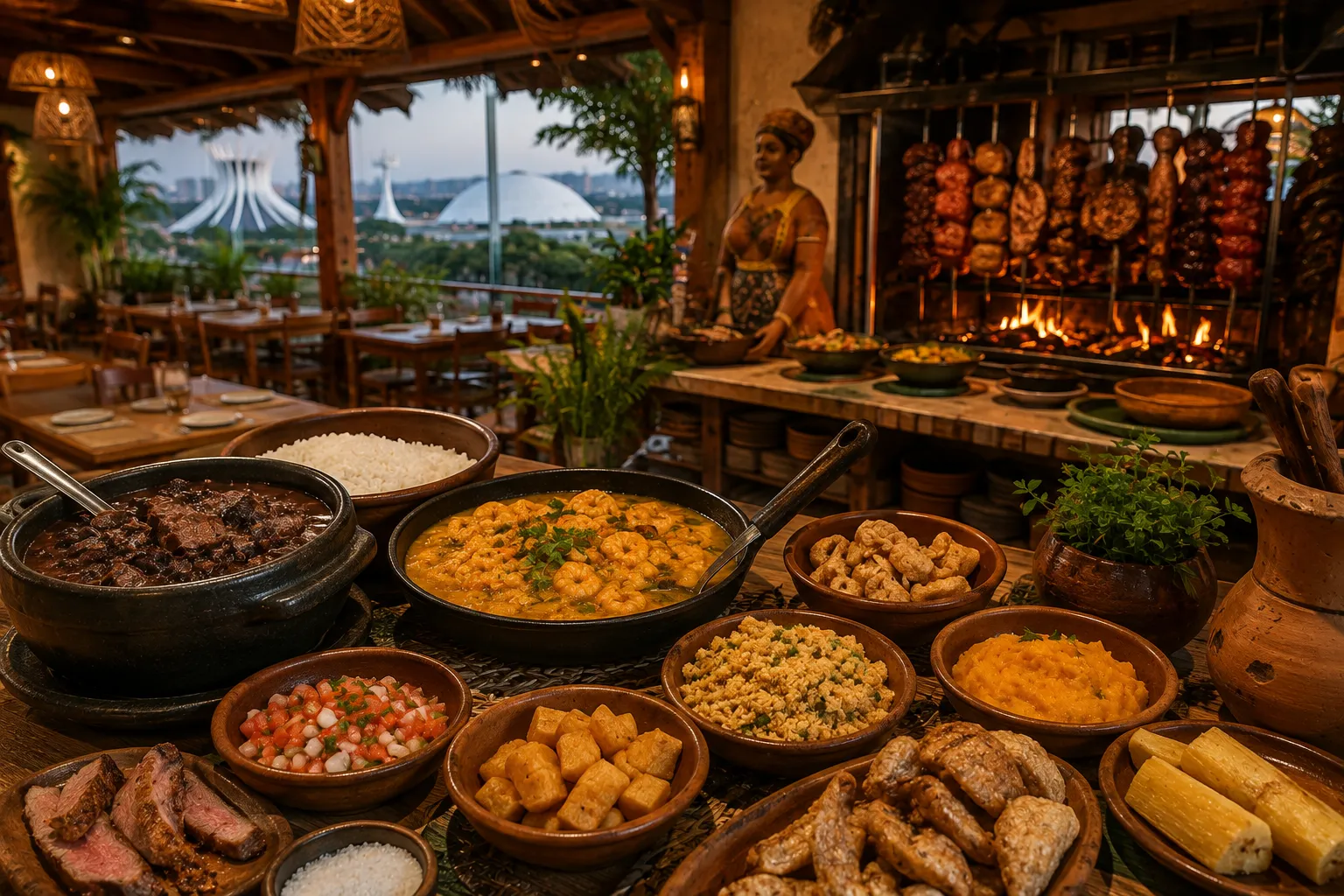 A generous Brazilian meal featuring meats, rice, beans, and regional side dishes served around a welcoming table