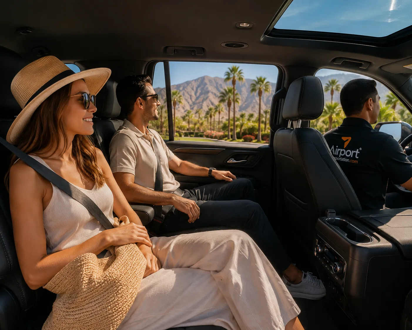 A private vehicle drives along a palm-lined avenue as travelers explore Palm Beach and nearby West Palm Beach