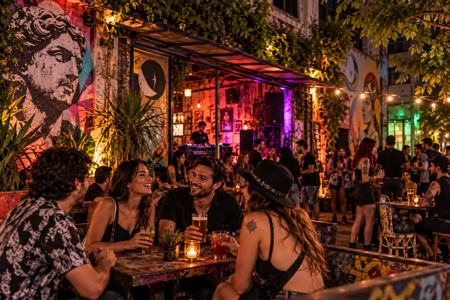 People enjoying music and cultural events in a vibrant alternative venue in Porto Alegre
