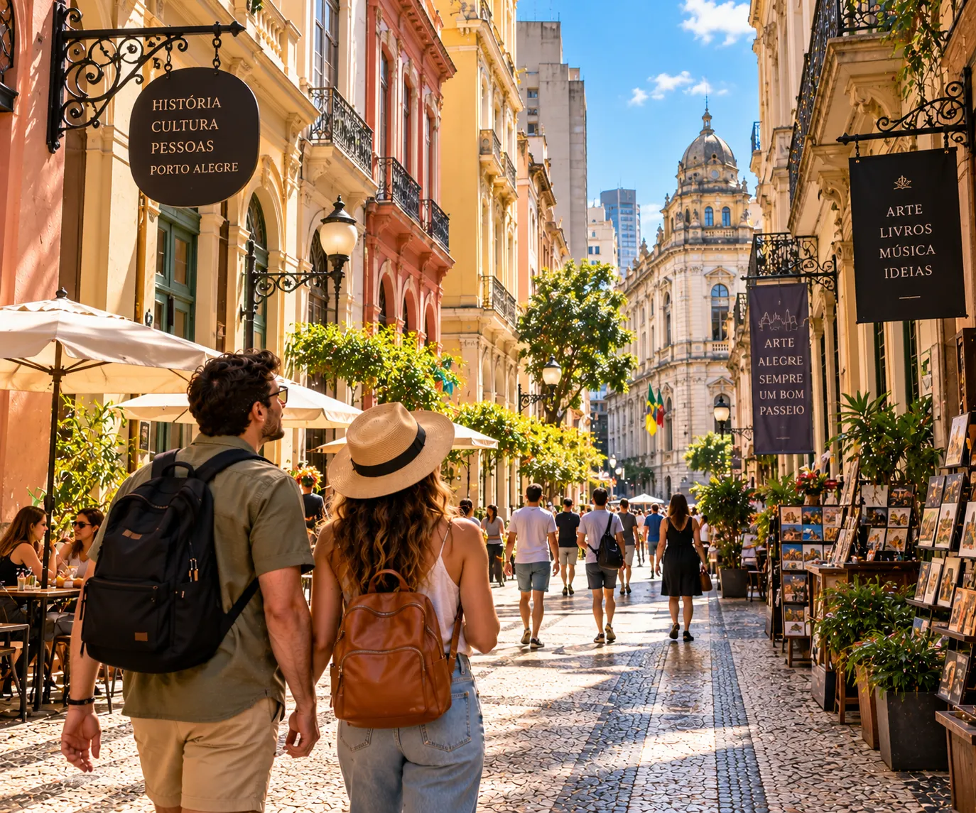 Porto Alegre's Historic Center with traditional buildings, urban streets, and tourists exploring the local architecture