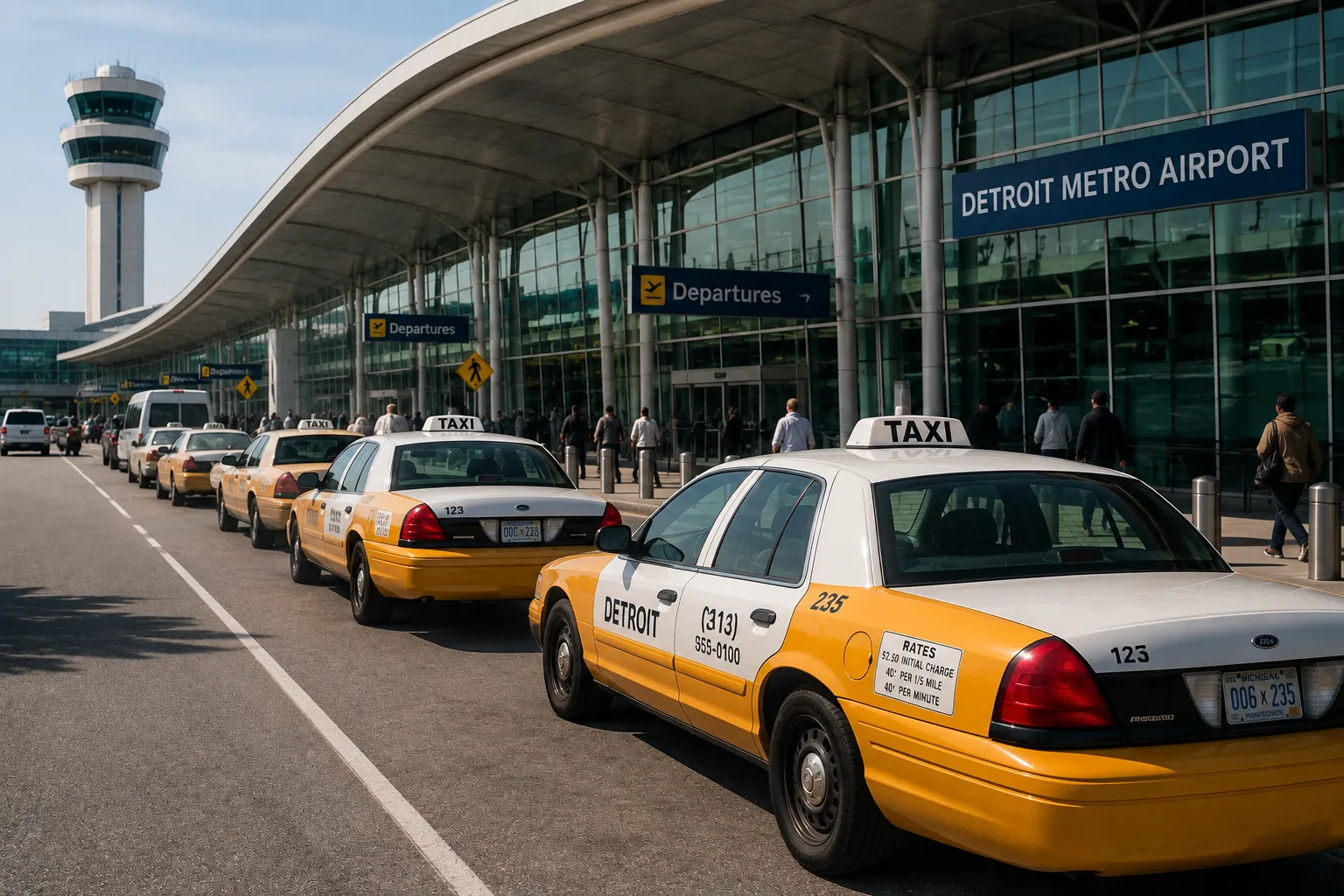 Traditional taxis are available at designated pickup areas, although long lines can develop during busy travel periods