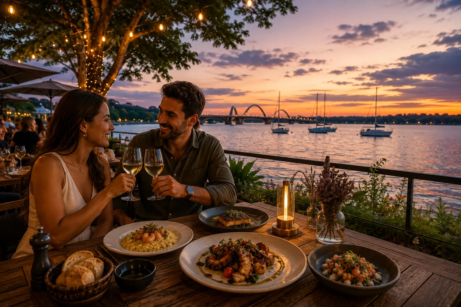 A lakeside restaurant overlooking Lake Paranoá at sunset, with outdoor tables and Brazilian dishes by the water