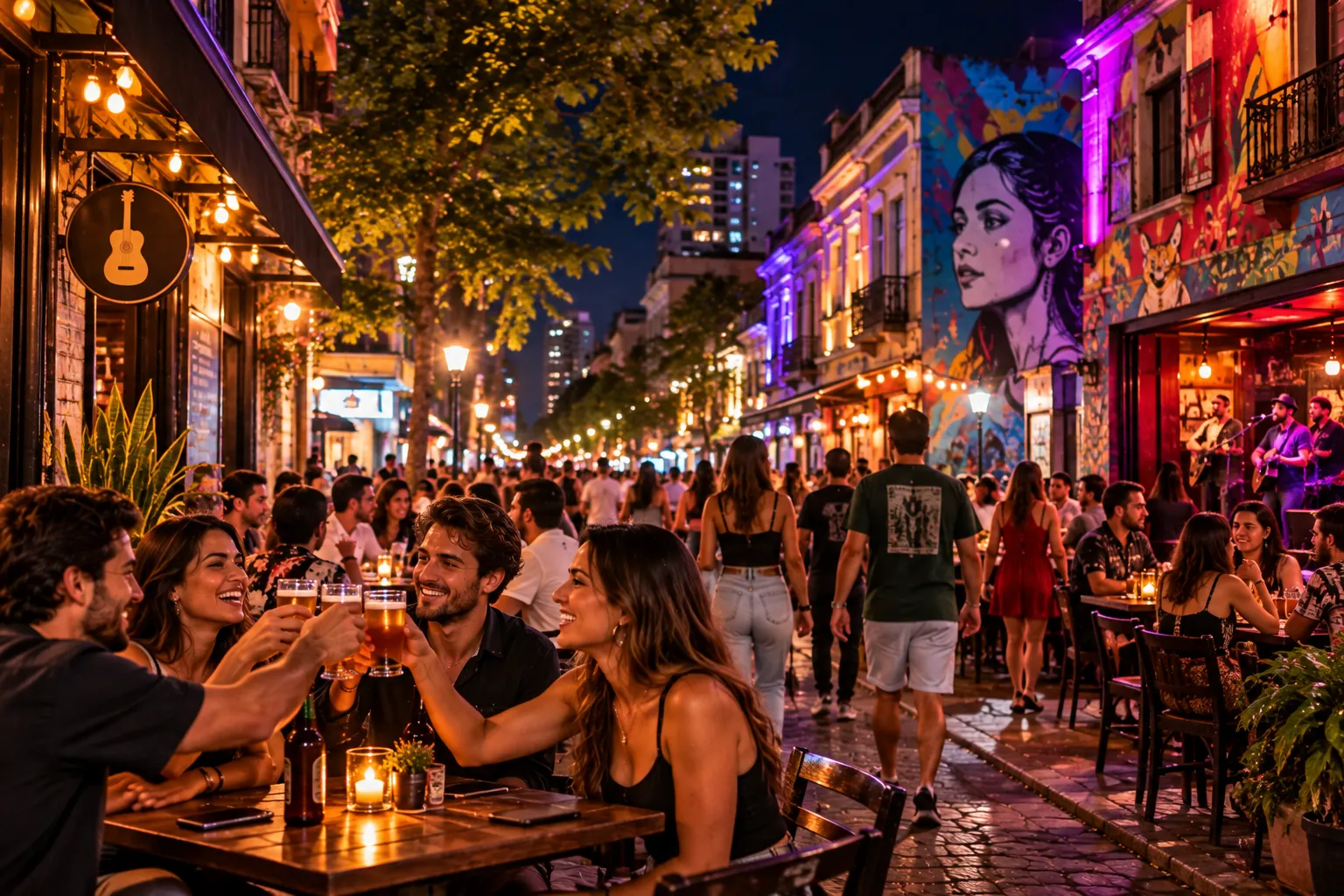Cidade Baixa streets glowing with bars, restaurants, and groups of friends enjoying Porto Alegre after dark