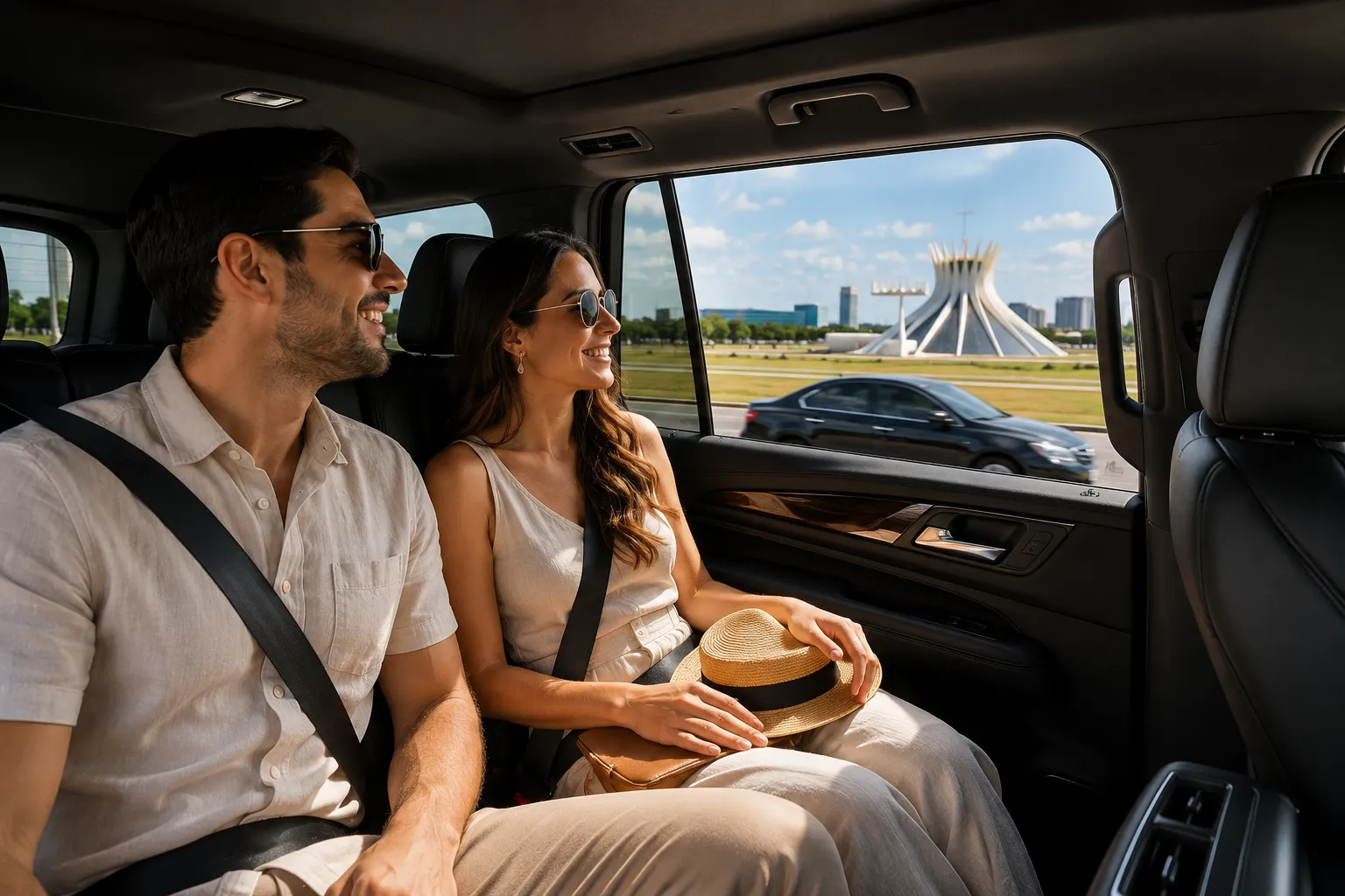 Tourists traveling comfortably along Brasília’s wide avenues while admiring the city’s distinctive modern architecture