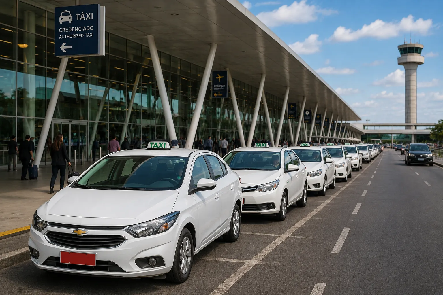 Passengers compare taxis, ride-hailing apps, and private transportation options after arriving at Brasília Airport