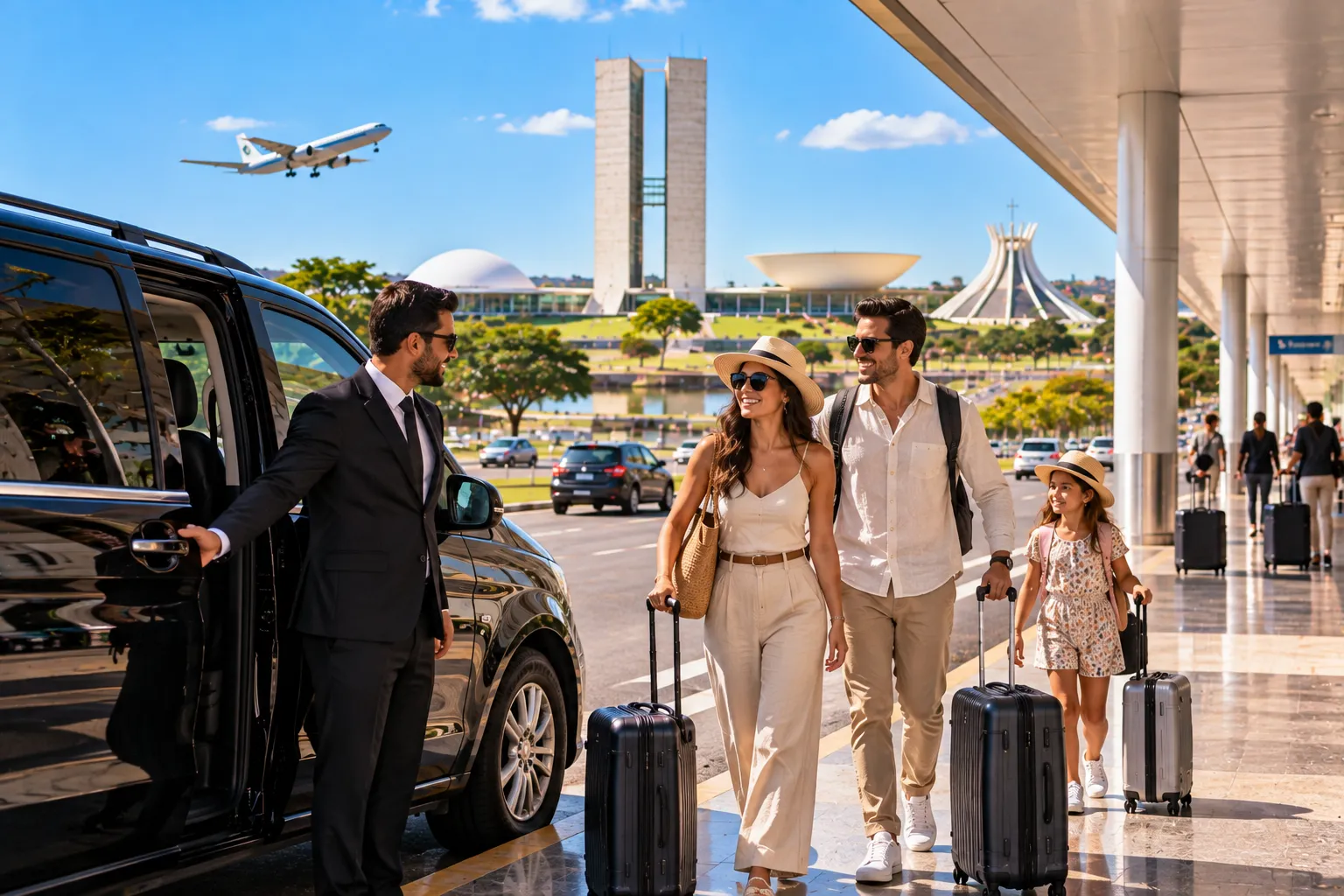 Car traveling along Brasília’s wide avenues toward downtown, with the city’s modern architecture in the background