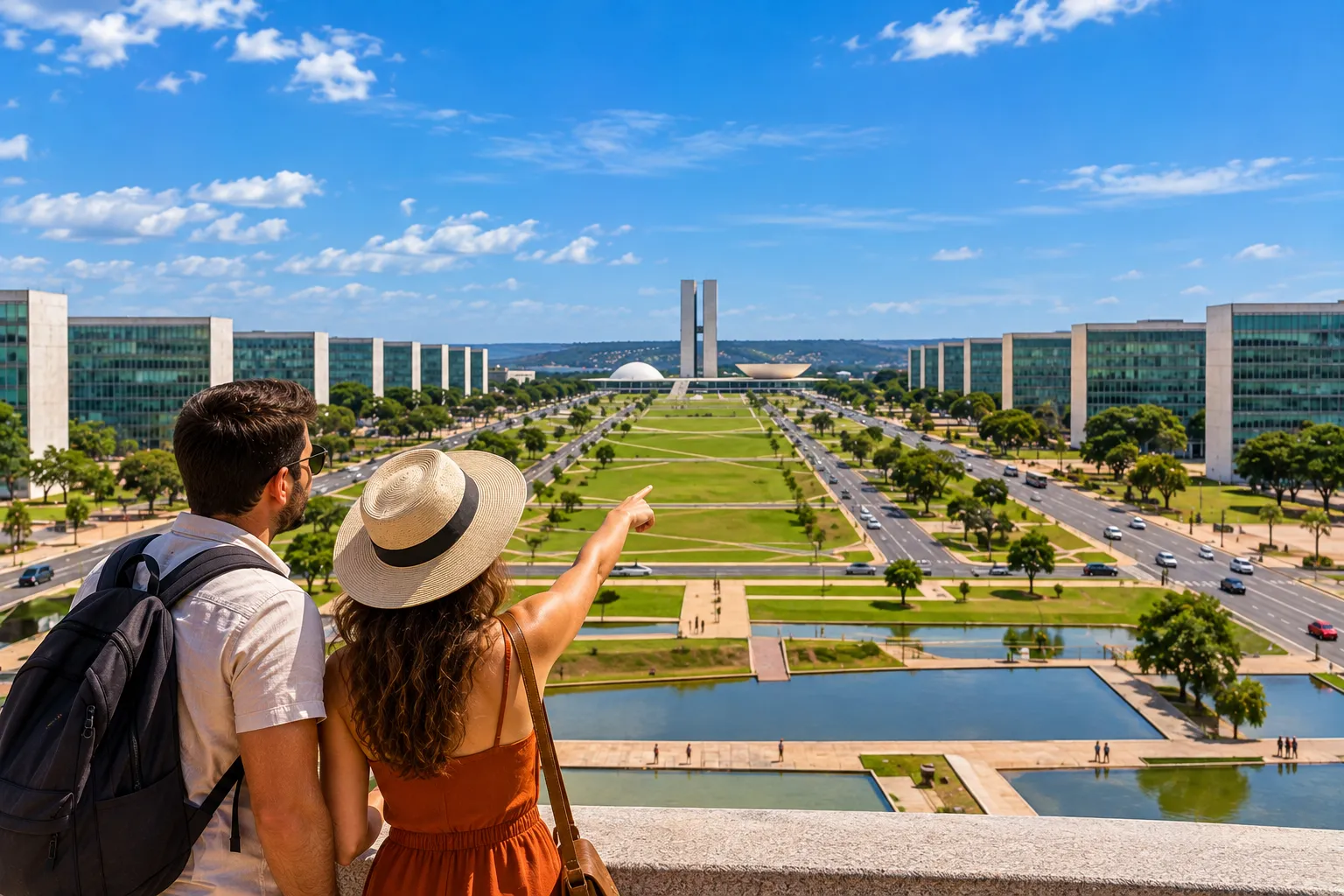 Tourists visiting Brasília Metropolitan Cathedral and admiring its impressive modernist architecture