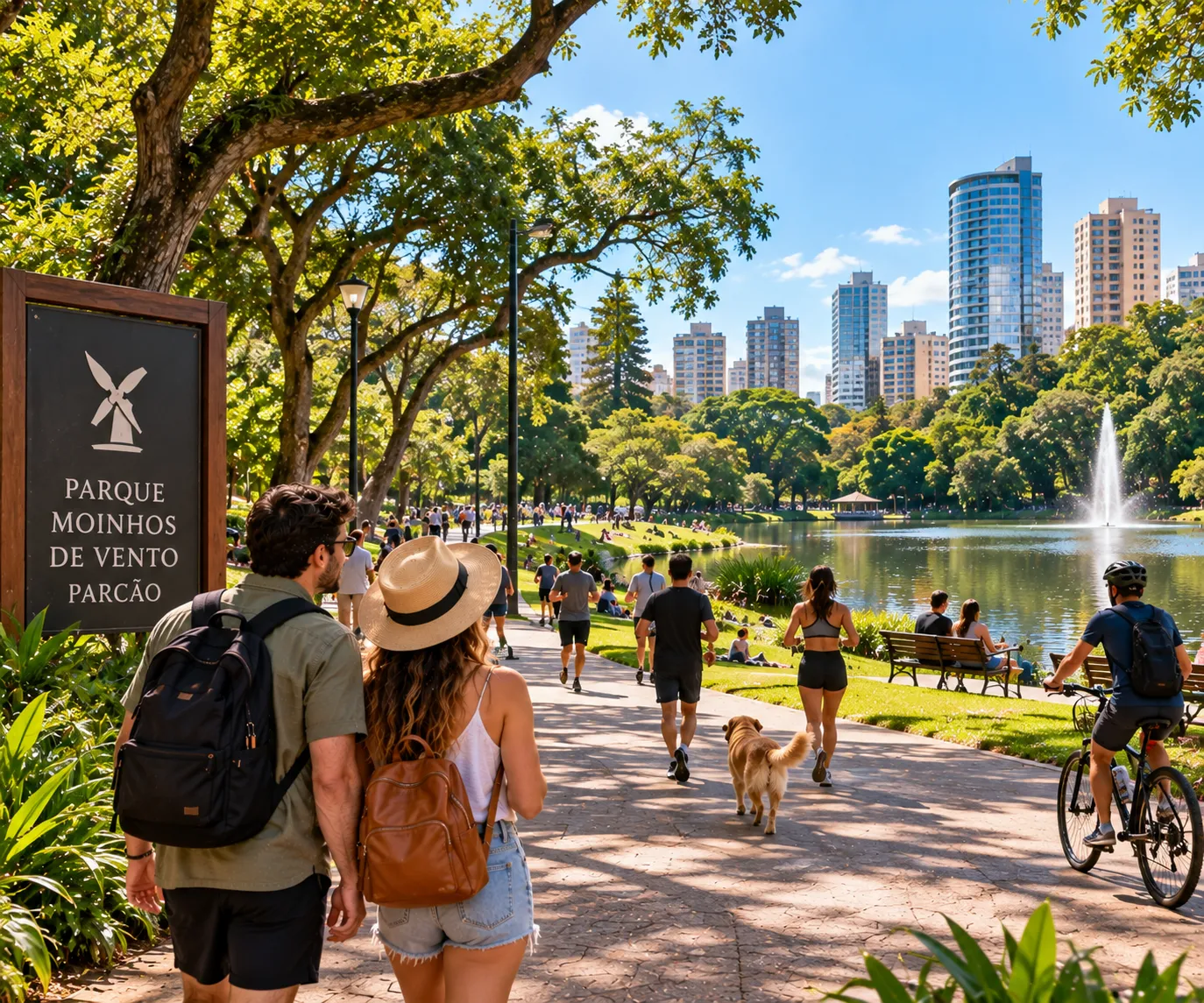 Locals and travelers walking and relaxing among the trees in one of Porto Alegre's best-known urban parks