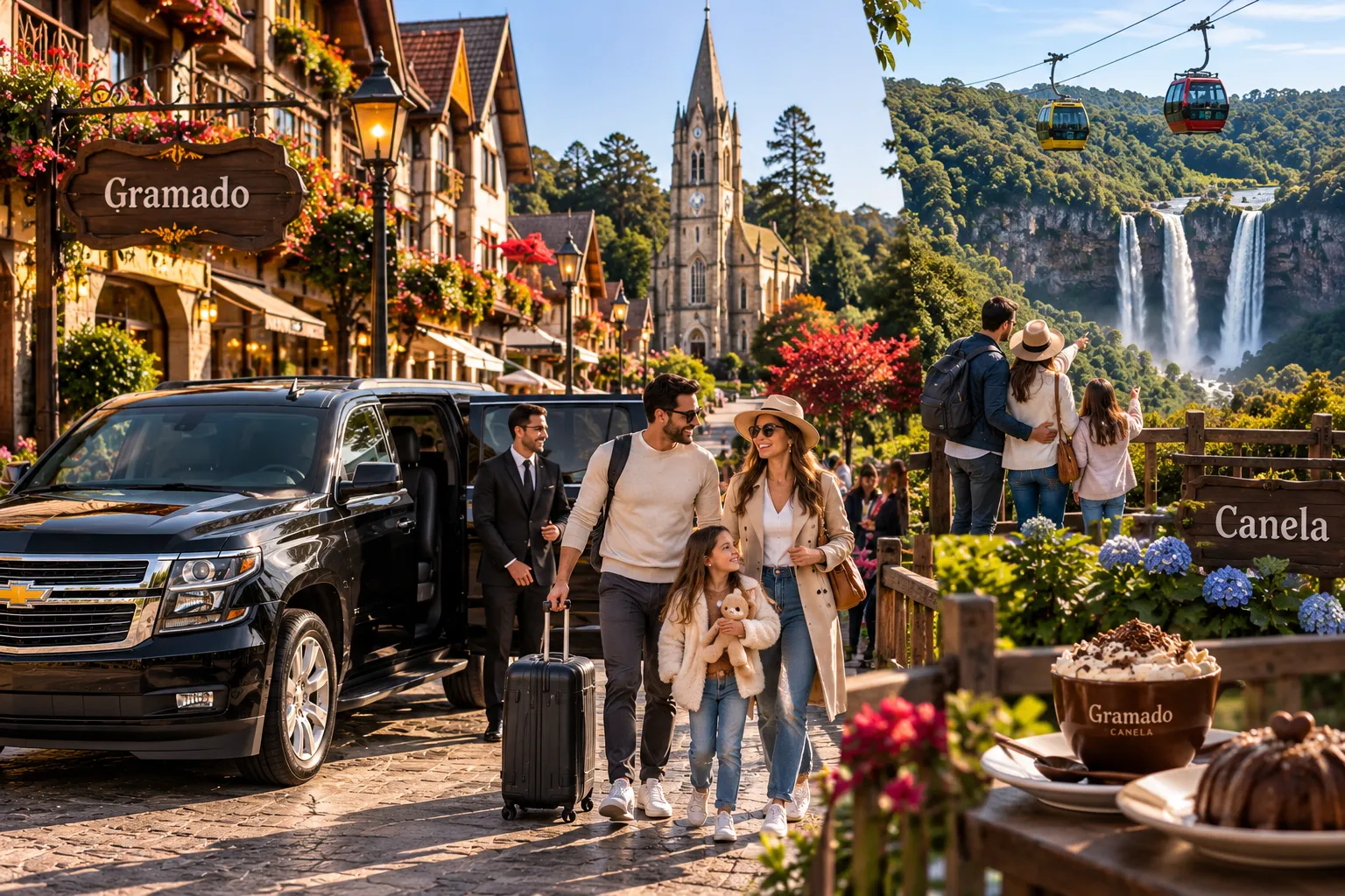 A charming view of Gramado and Canela with European-style architecture, green mountains, and tourists exploring the streets