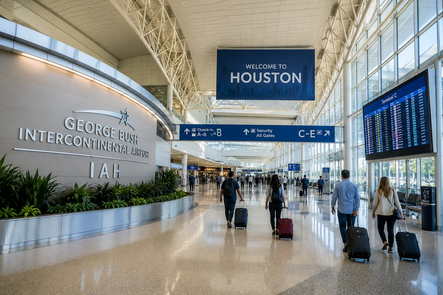 George Bush Intercontinental Airport (IAH) is Houston's largest airport and sits north of the city