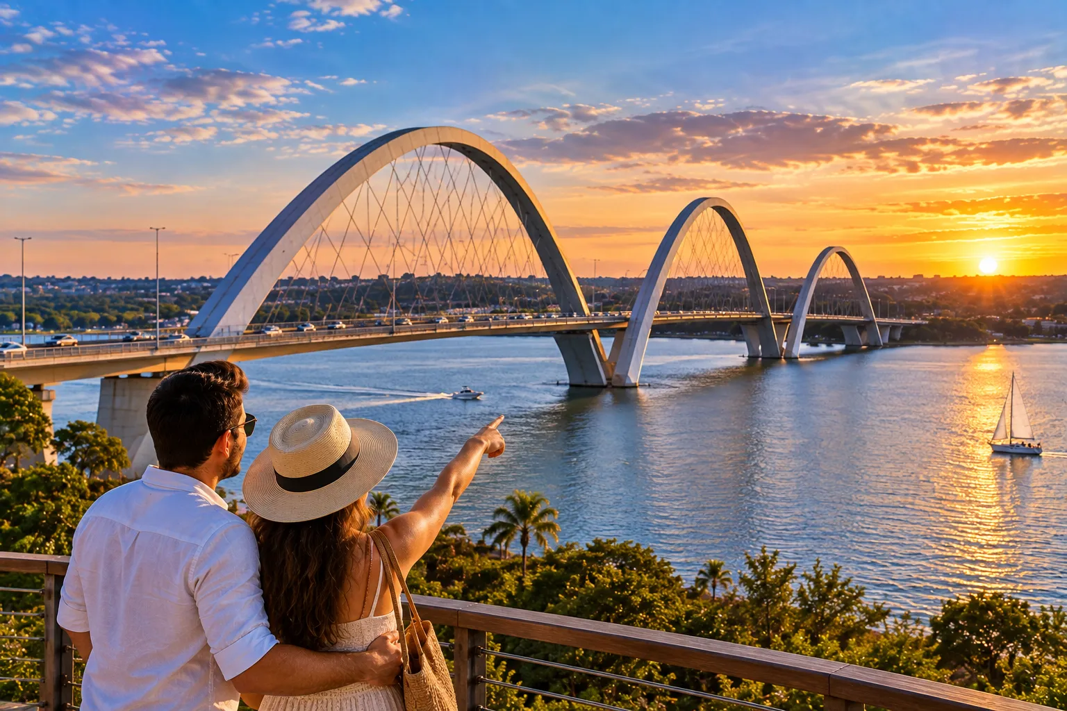 The elegant JK Bridge crosses Lake Paranoá with sweeping arches that glow beautifully during Brasília's golden sunset
