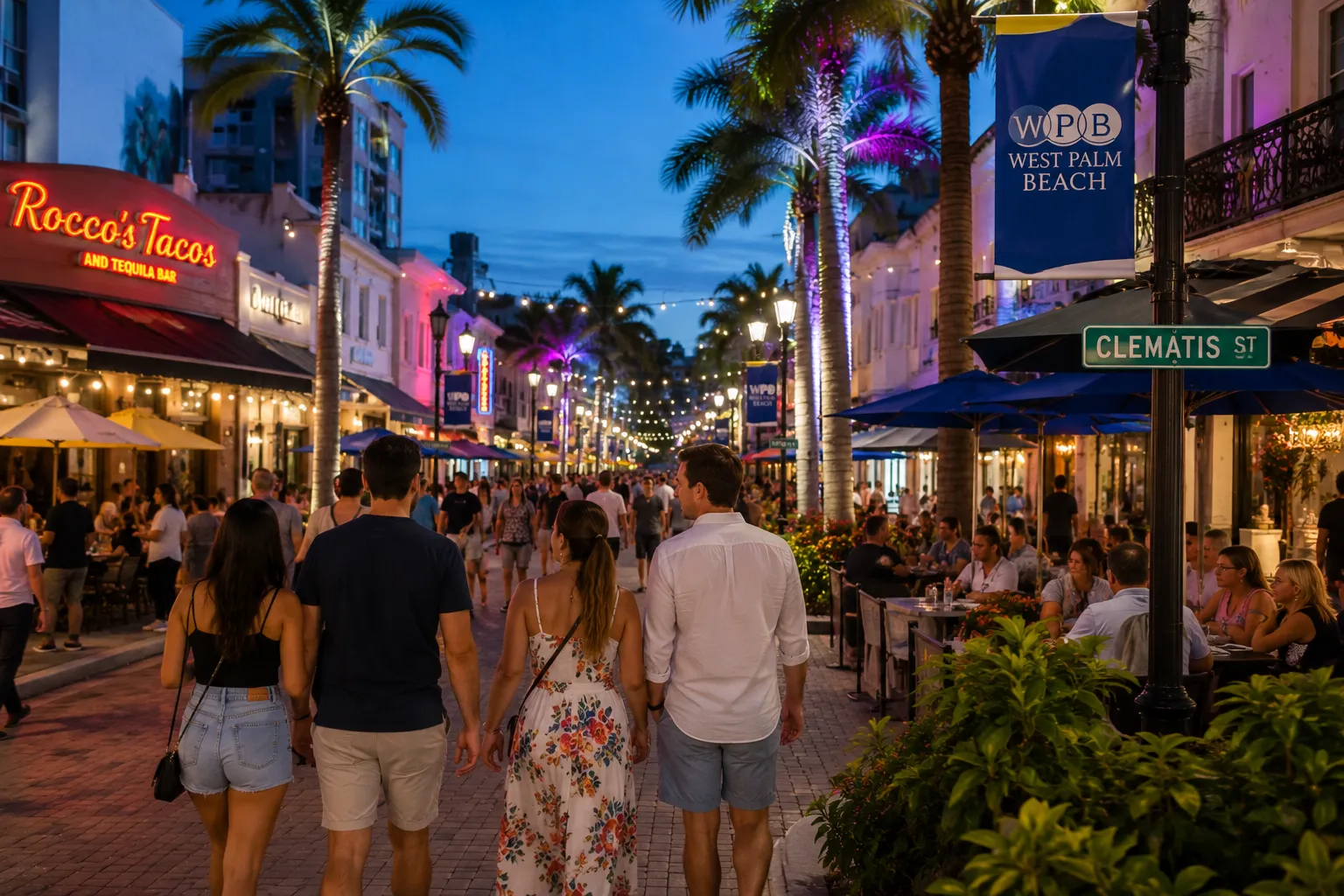 Clematis Street comes alive with restaurants, cafés, shops, and visitors enjoying the energetic atmosphere of West Palm Beach