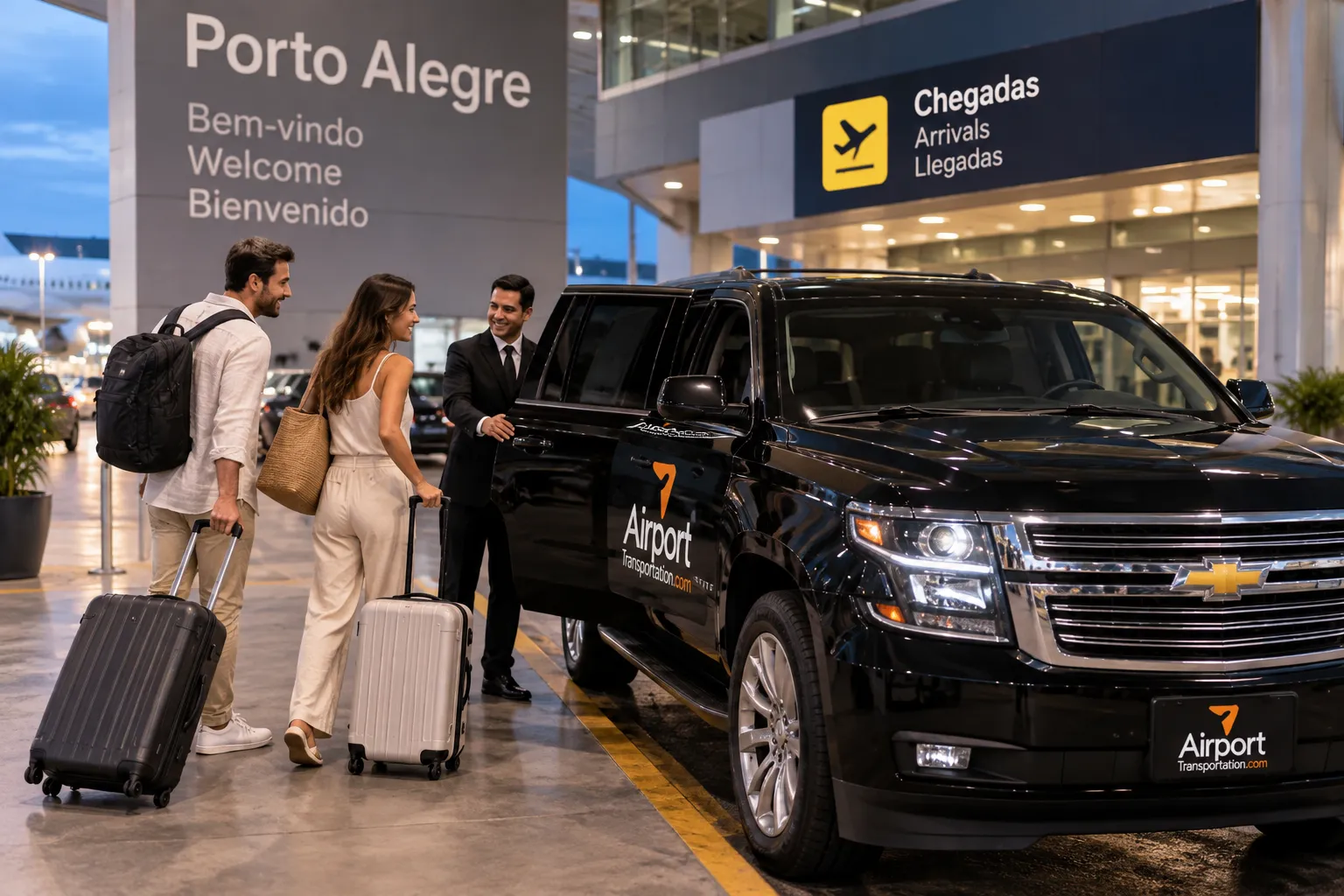 Tourists arrive at Porto Alegre Airport and find a private vehicle waiting to take them to their hotel