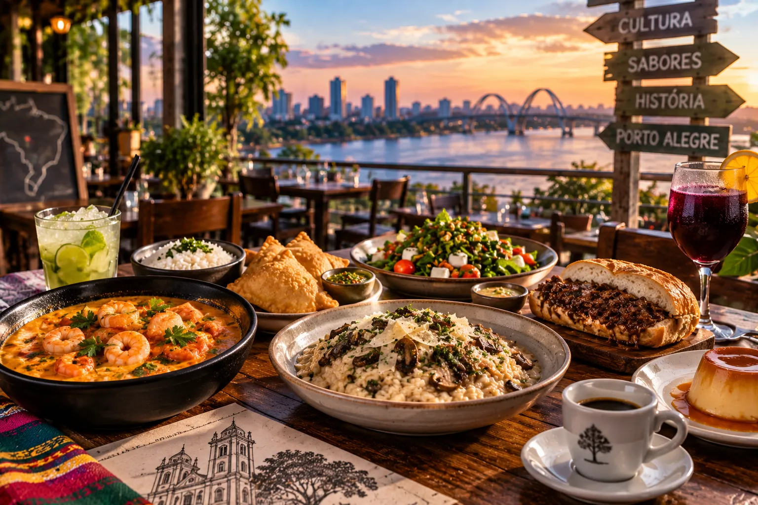 Table featuring traditional gaúcho churrasco, local side dishes, and chimarrão at a Porto Alegre restaurant