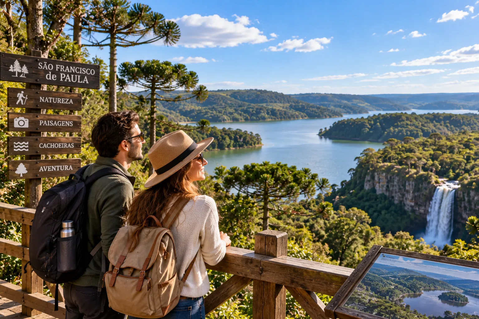 A peaceful mountain landscape in São Francisco de Paula with forests, countryside, and a traveler enjoying nature