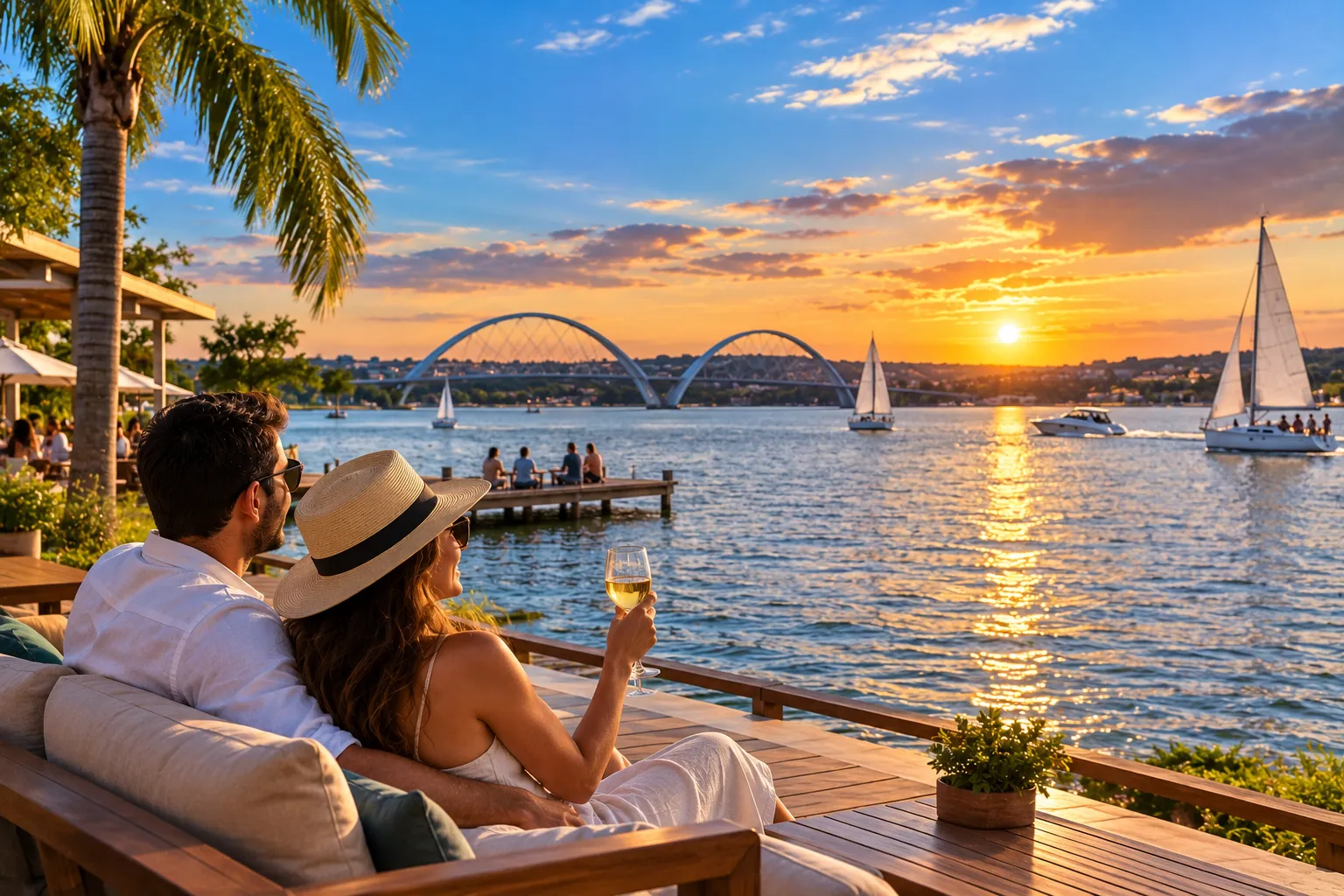 Lake Paranoá sparkles beneath Brasília's blue sky, with boats, waterfront restaurants, and the city skyline in the distance