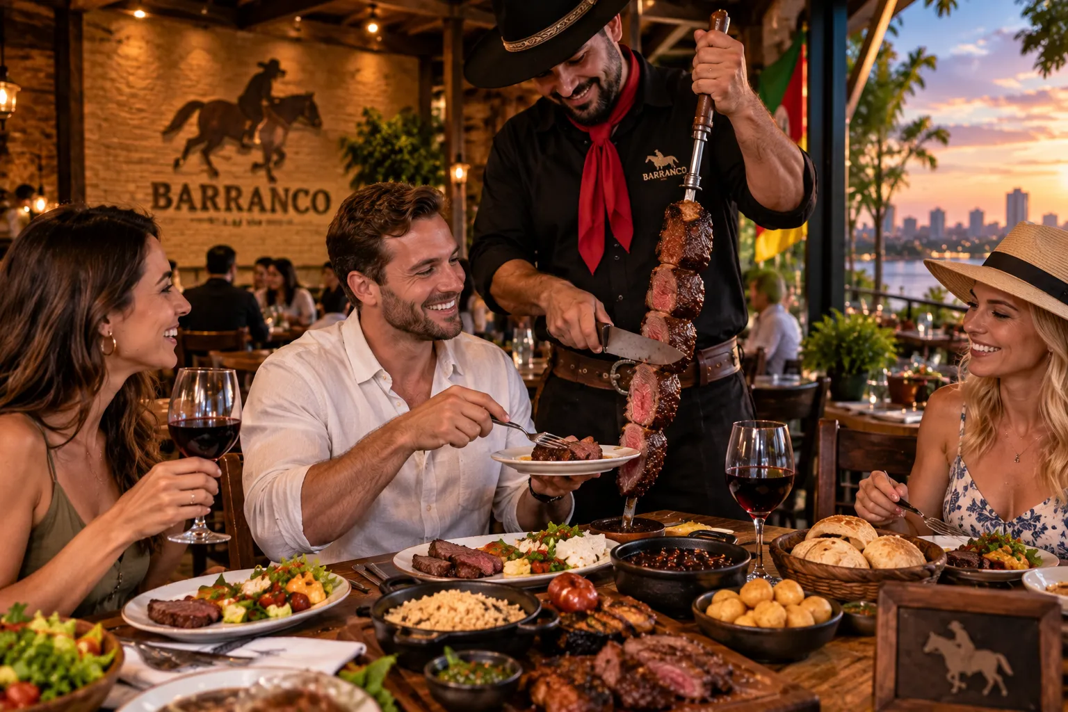 Diners enjoy traditional churrasco at a classic Porto Alegre steakhouse with grilled meats and generous side dishes