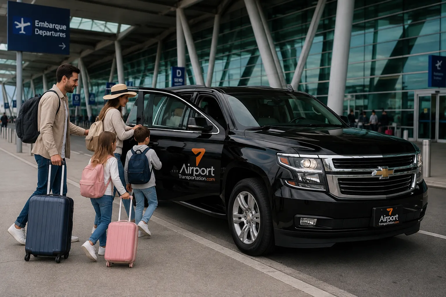 A family with suitcases meets a private driver at Brasília Airport after arriving for a planned vacation