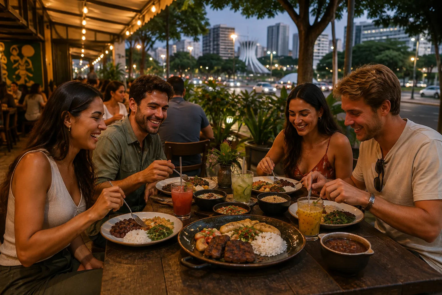 A relaxed restaurant terrace in Asa Sul with outdoor tables, Brazilian food, and a welcoming afternoon atmosphere