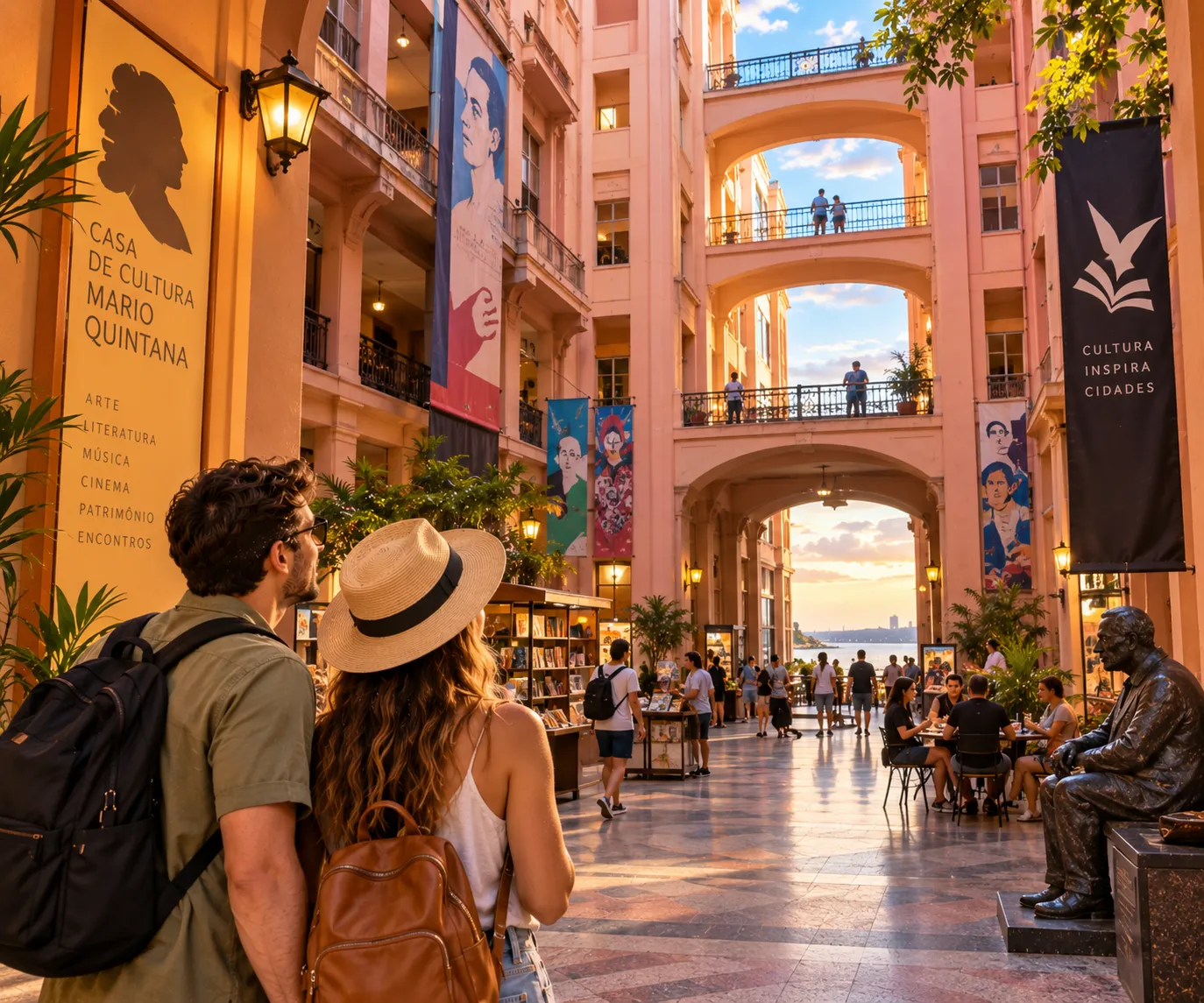 Historic cultural center in Porto Alegre with visitors enjoying exhibitions, architecture, and artistic spaces