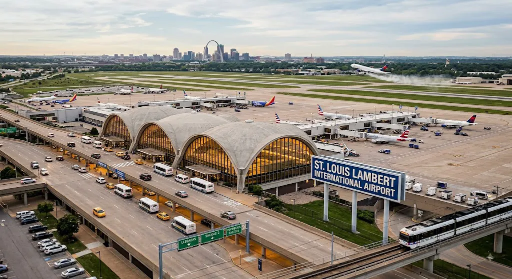 The airport has two terminals and several transportation options for passengers arriving in the city