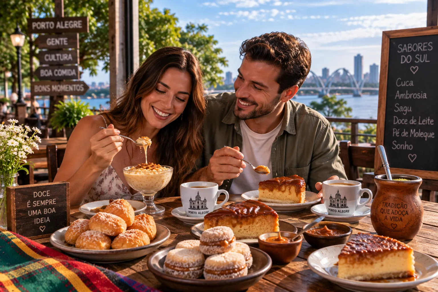 Table with Brazilian desserts including creamy puddings, sagu, cakes, and traditional sweets inspired by southern cuisine